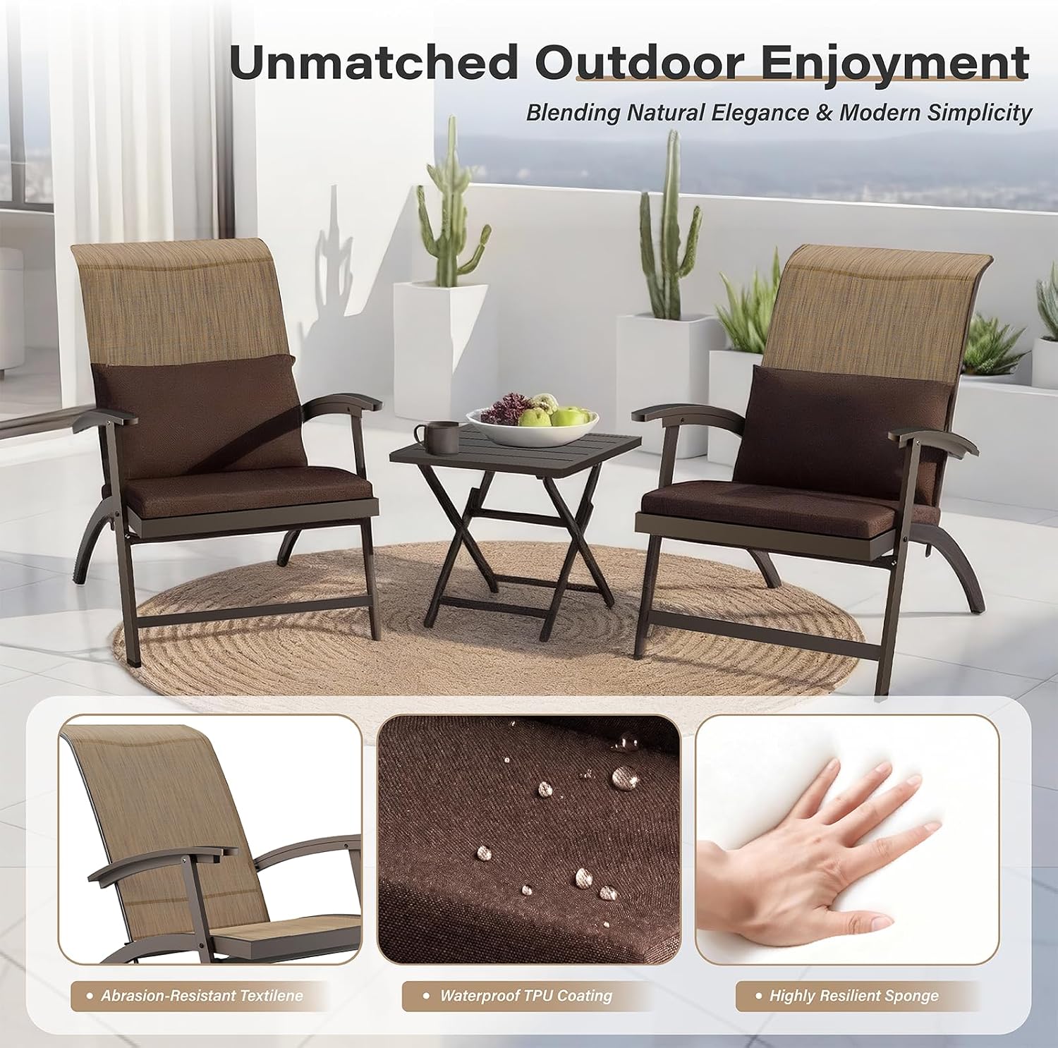 3 Piece Patio Furniture Set with Textilene Fabric,Foldable Patio Chairs Set of 2 with Metal Frame Table,Gift two Cushions, Outdoor Chairs Set for Poolside Balcony Porch Lawn Deck Garden（Brown）