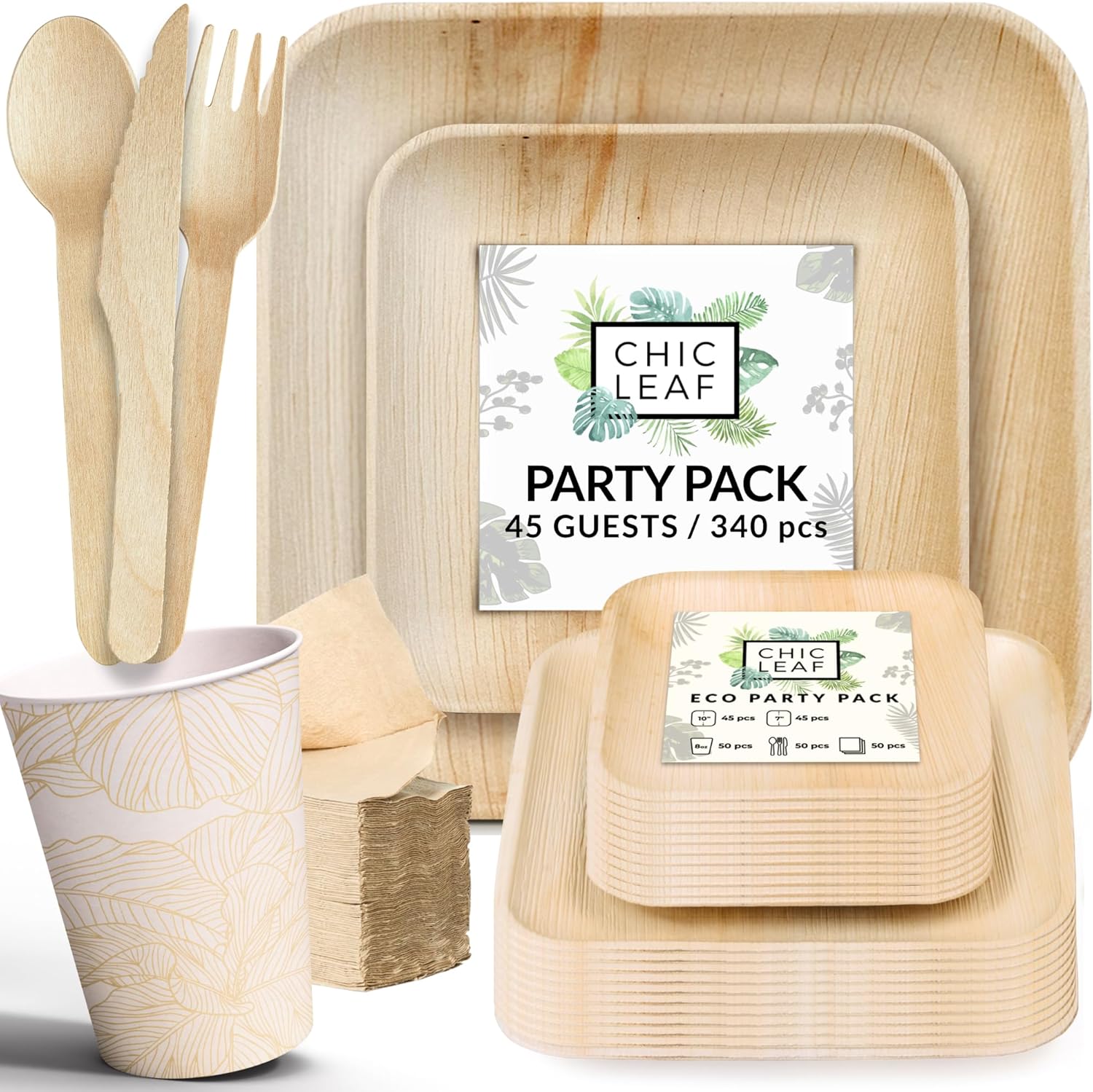 Chic Leaf Party Supplies Tableware 340 Pcs Bulk Pack for 45 Guests – 100% Biodegradable Palm Leaf Disposable Dinnerware Set, Sturdy 10” & 7” Plates w/ 10 Oz Cups, Napkins, Forks, Knifes & Spoons Chic Leaf Party Supplies Tableware 340 Pcs Bulk Pack for 45 Guests – 100% Biodegradable Palm Leaf Disposable Dinnerware Set, Sturdy 10” & 7” Plates w/ 10 Oz Cups, Napkins, Forks, Knifes & Spoons
