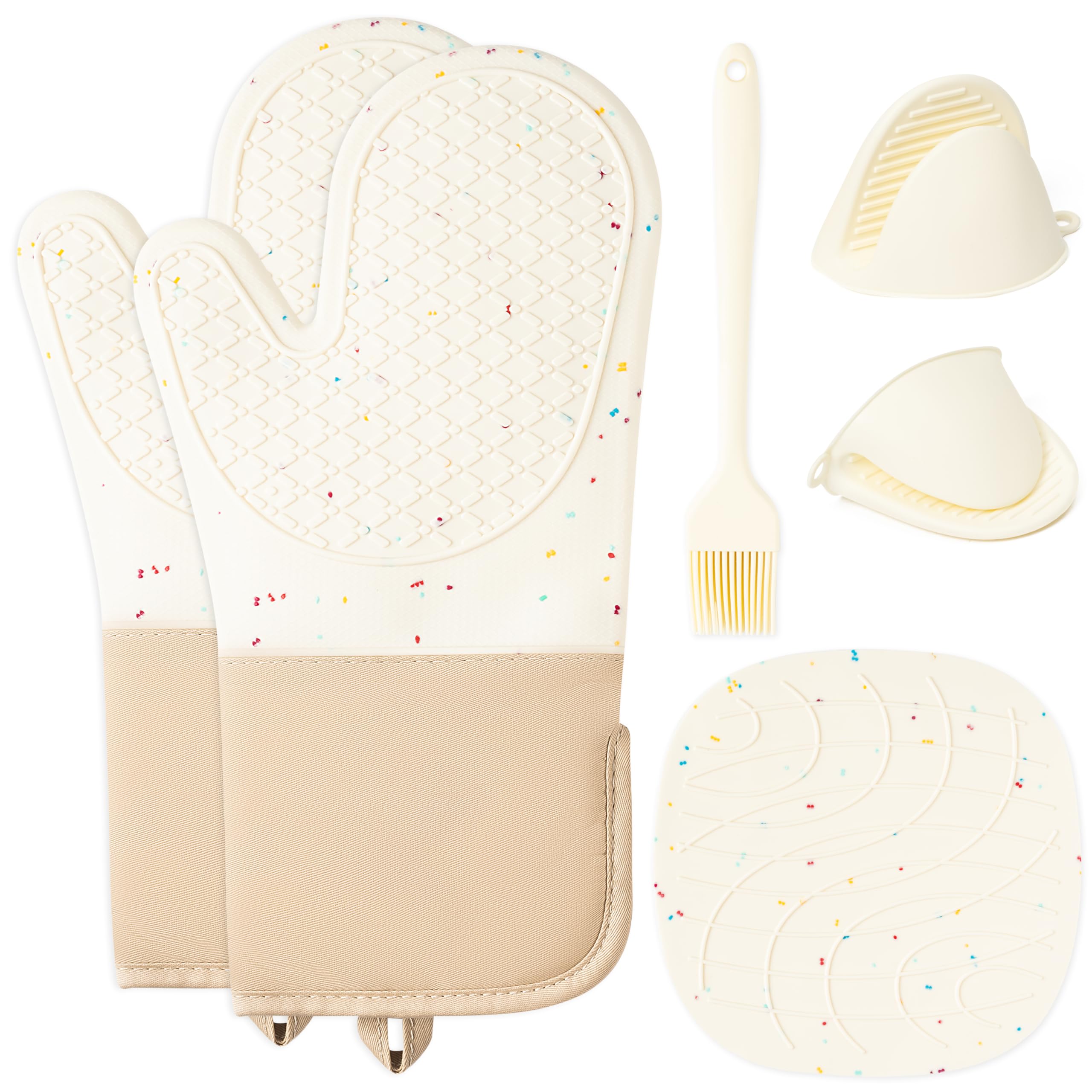 Ofenhandschuhe Topflappen Topfhandschuhe Set 6-teilig – hitzebeständig, aus Silikon & Baumwolle, rutschfest, mit Silikonpinsel und Untersetzer für Backen, Kochen und Grillen, Weiß