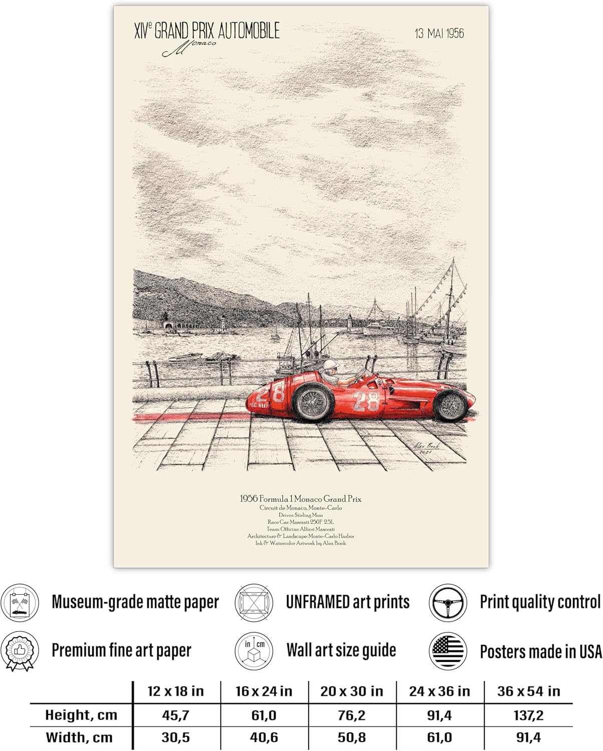 1956 Formula Monaco GP Vintage Art Print - Stirling Moss Maserati Ink & Watercolor Wall Art Poster - Best Home & Office Décor Gift for Motorsport Fans