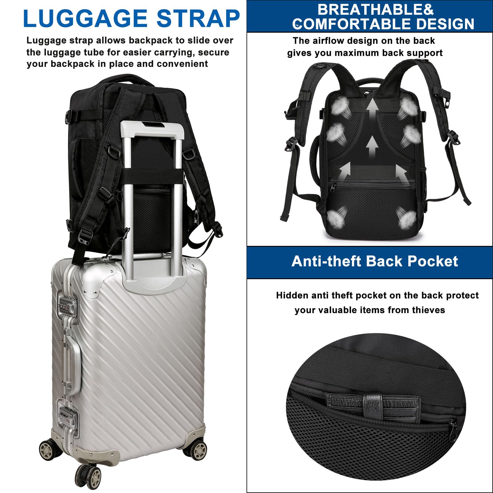 ENZOSUM Mochila Viaje Cabina Avion 40x20x25 para Ryanair Equipaje de Mano 40x20x25 Ryanair Mochila Cabina para Ryanair, Bolsa de Viaje Ryanair Mochilas Hombre Mujer para Ordenador Portátil 20L Negro — view 6