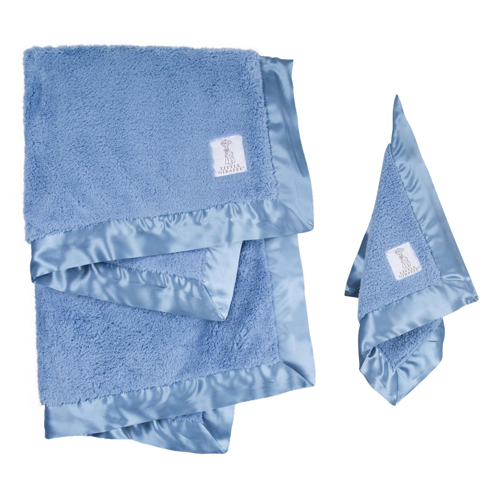 Little Giraffe Baby Blanket and Blanky Set - Chenille Blanket with Satin Trim Set for Nurseries, Strollers, Cribs or Car Seats - Baby Receiving Blankets 29 x 35 and 14 x 14, Cornflower
