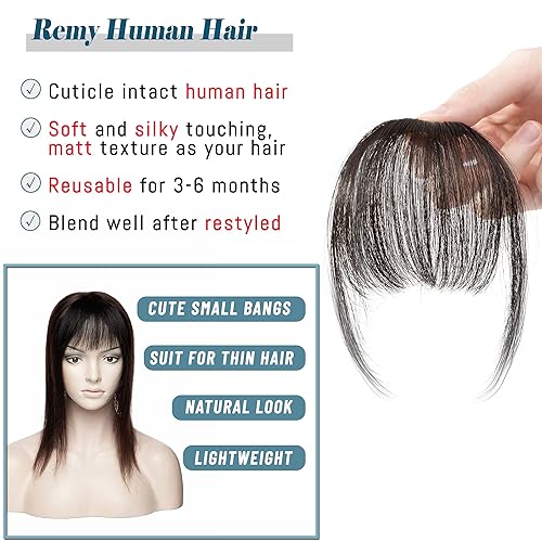 Miniatura 2 de S-noilite Flequillo de cabello humano con clip, extensión de flequillo de aire fino con sienes, 1 clip de una pieza, extensiones de cabello Remy