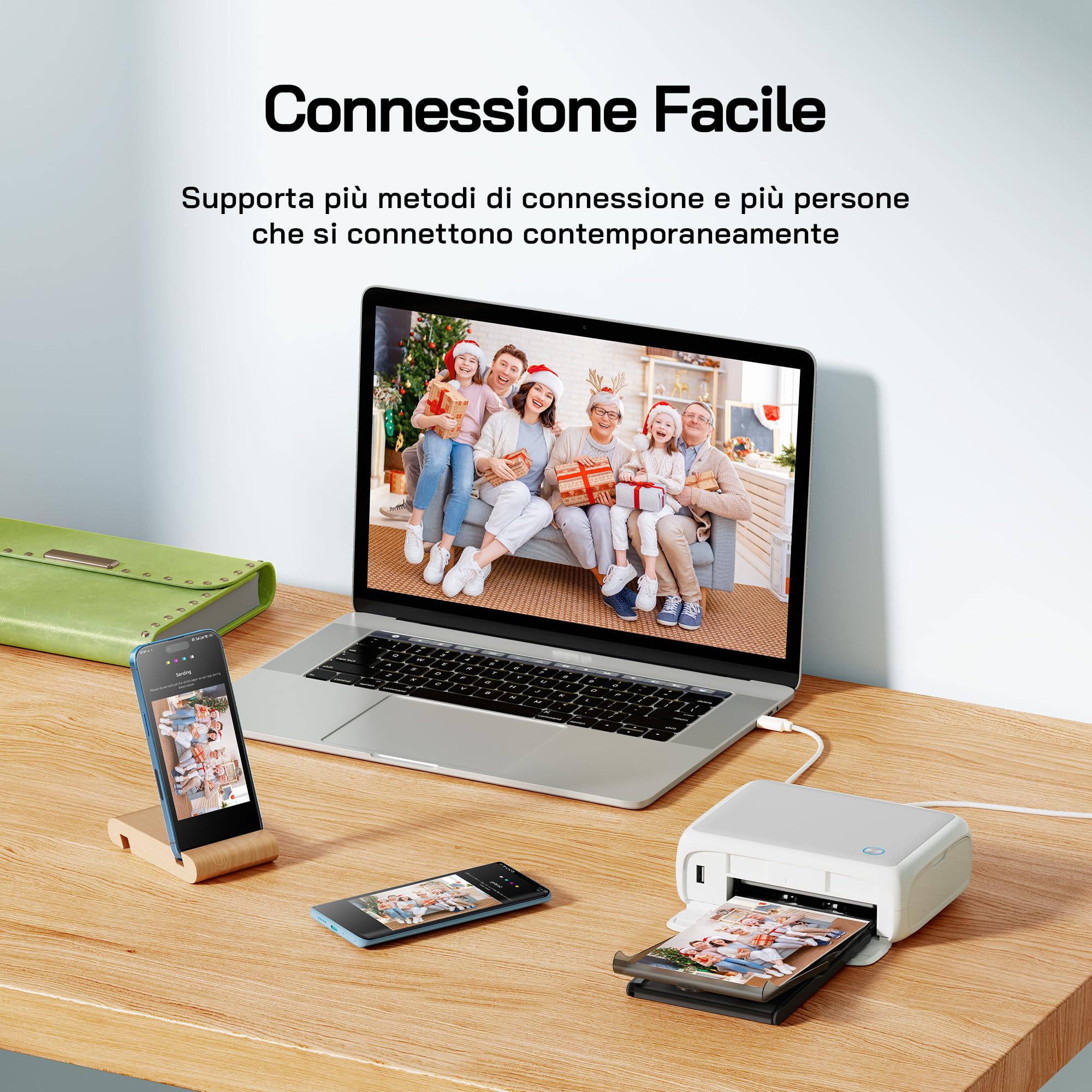 WOLFANG Stampante fotografica, stampante fotografica istantanea con 54 fogli (4"x6"), supporta la connessione WiFi, app di fotoritocco creativo, per smartphone iOS/Android