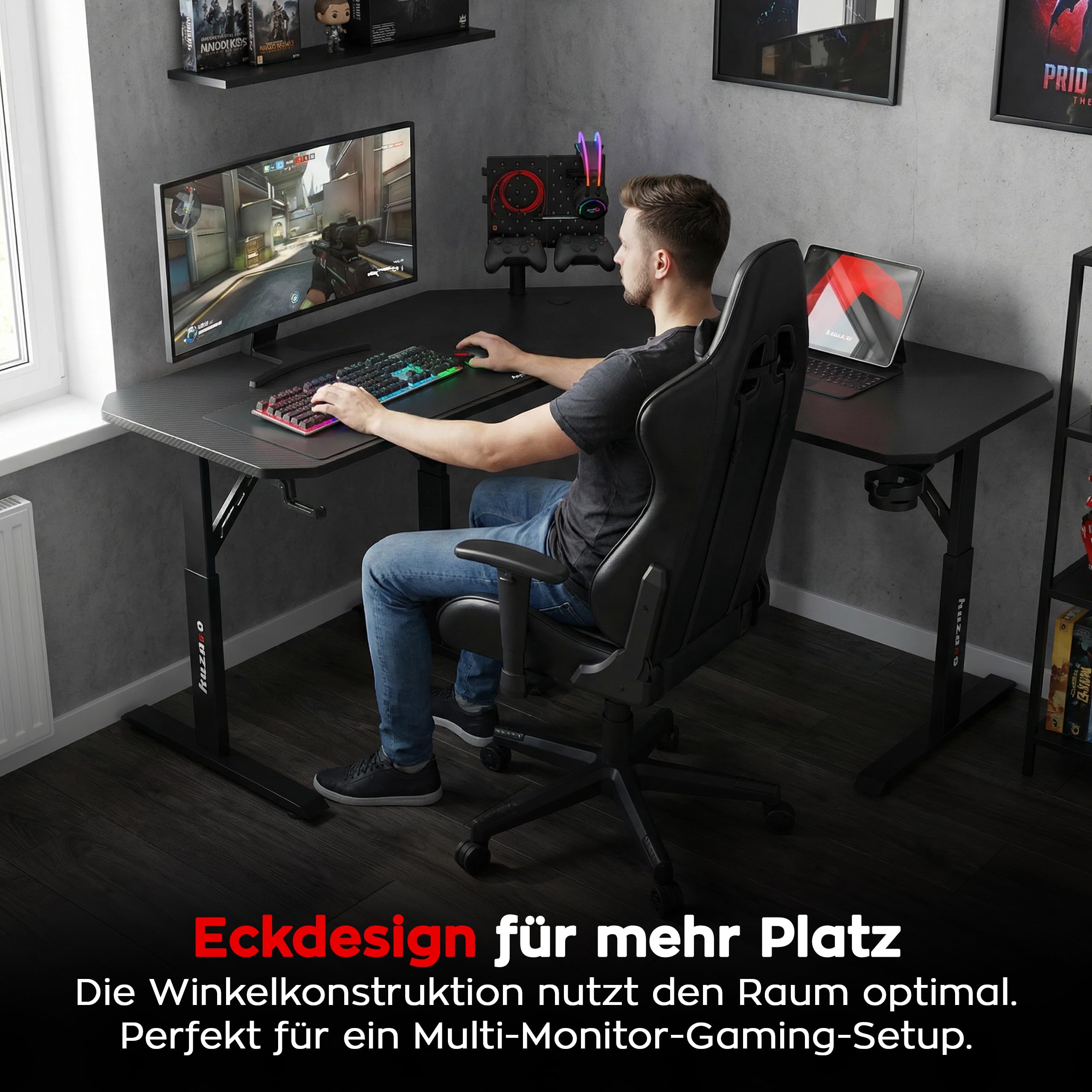 huzaro Hero 7.3 Eckschreibtisch 140x80 cm - Manuell höhenverstellbar | Platzsparendes Eckdesign für aufgeräumtes Setup - Robuste Oberfläche - Stabiler Gaming Tisch - Homeoffice und Lernen