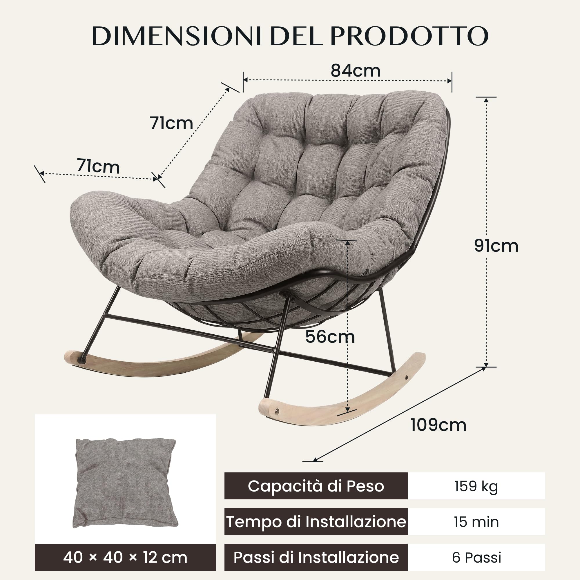 FLEXISPOT Sedia a Dondolo da Giardino, Poltrona Relax Ergonomica con Poggiatesta Imbottito, Struttura in Metallo Robusta, per Balcone, Terrazza e Soggiorno