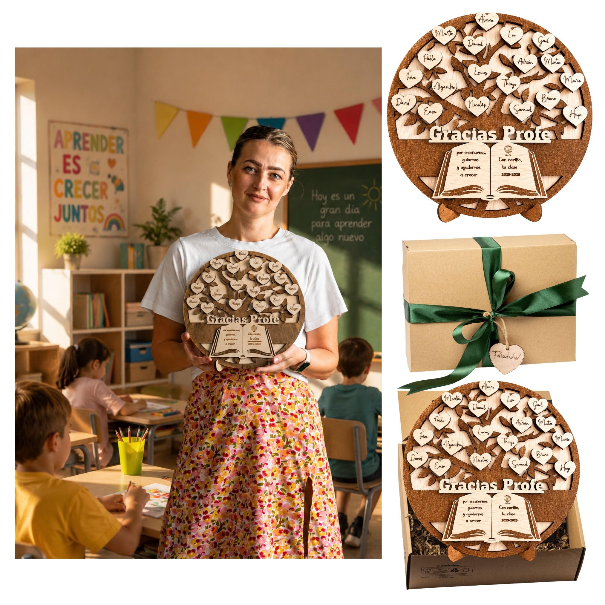 Regalo Profesora Personalizado Árbol Gracias Profe con Nombres de Alumnos | Profesor Fin de Curso|Regalo Profe Original de Madera|Profesores Infantil Primaria Guardería|Olesea (Regalo Profesora)