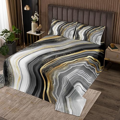 Erosebridal Juego de cama de mármol con purpurina dorada, color negro, gris, juego de colcha de mármol para niños y niñas, jóvenes, diseño abstracto