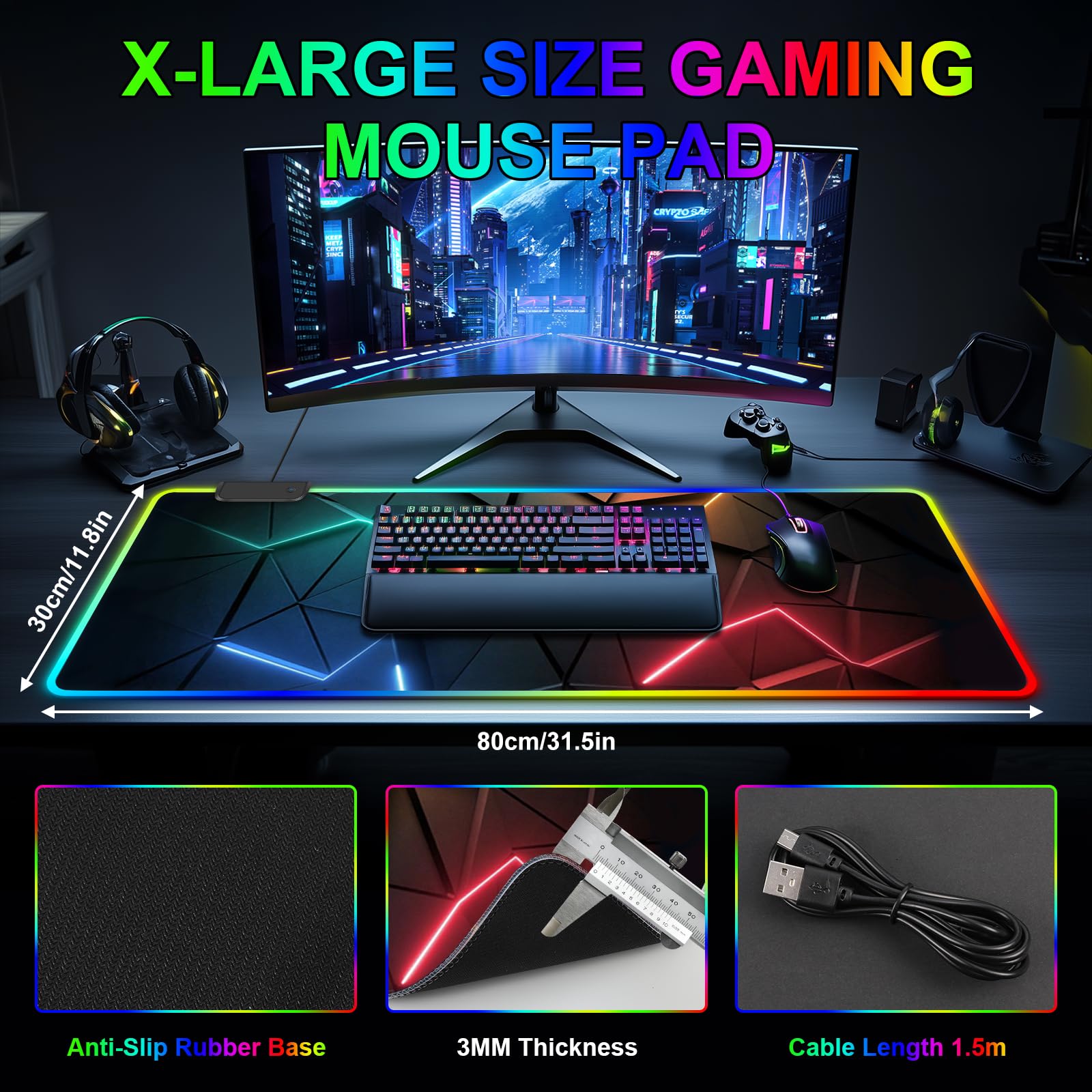 Podkładka pod mysz RGB, duża podkładka pod mysz do gier ze światłem LED, 13 trybów świecenia, sterowanie dotykowe, rozszerzona miękka podkładka pod klawiaturę komputerową, mata na biurko z