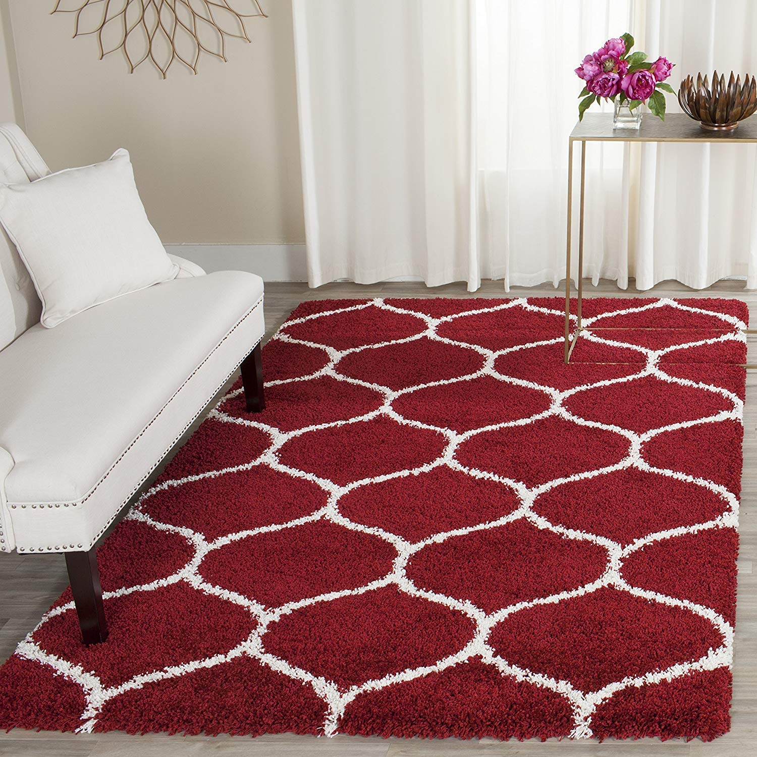 Shaggy Floor Carpets for Living Room, Elegant Bed Side Runner, Bedside Carpet, Sofa Area Wedding Carpet,(5x8 Feet, Red Ivory)-image-41