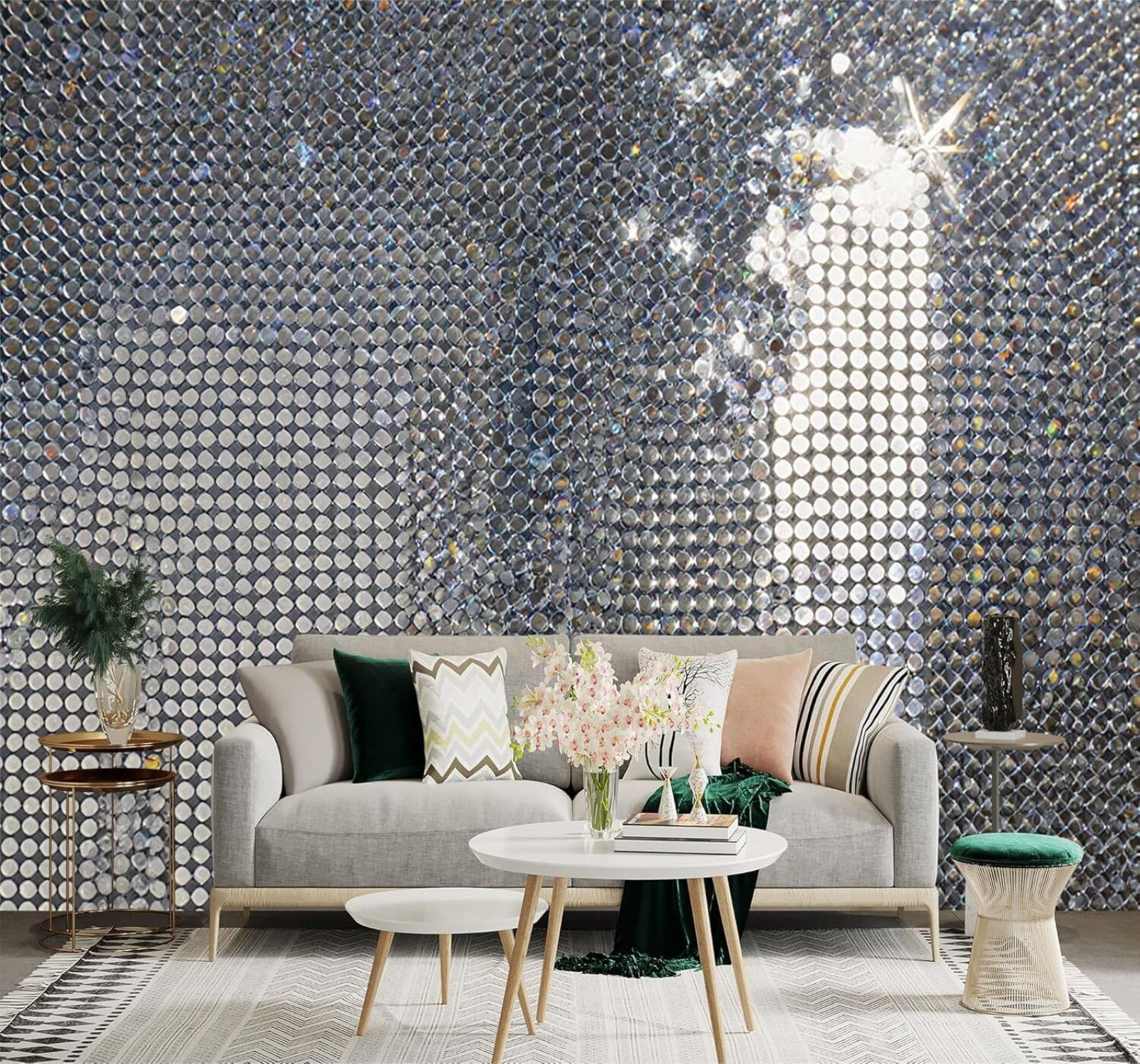 Xlming 430Cm×300Cm(B×H) Creativity Silver Sequin Patterns Metallic Sheen Light Reflection Individuality 3D Wallpaper Premium Textured Silk Study Dining Living Room Bedroom Sofa Tv Wall Easy Install-430Cm×300Cm