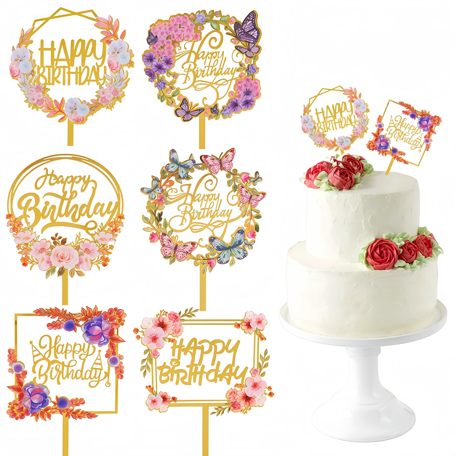 SamHeng Happy Birthday Cake Toppers, 6 Pcs, Flower Pattern