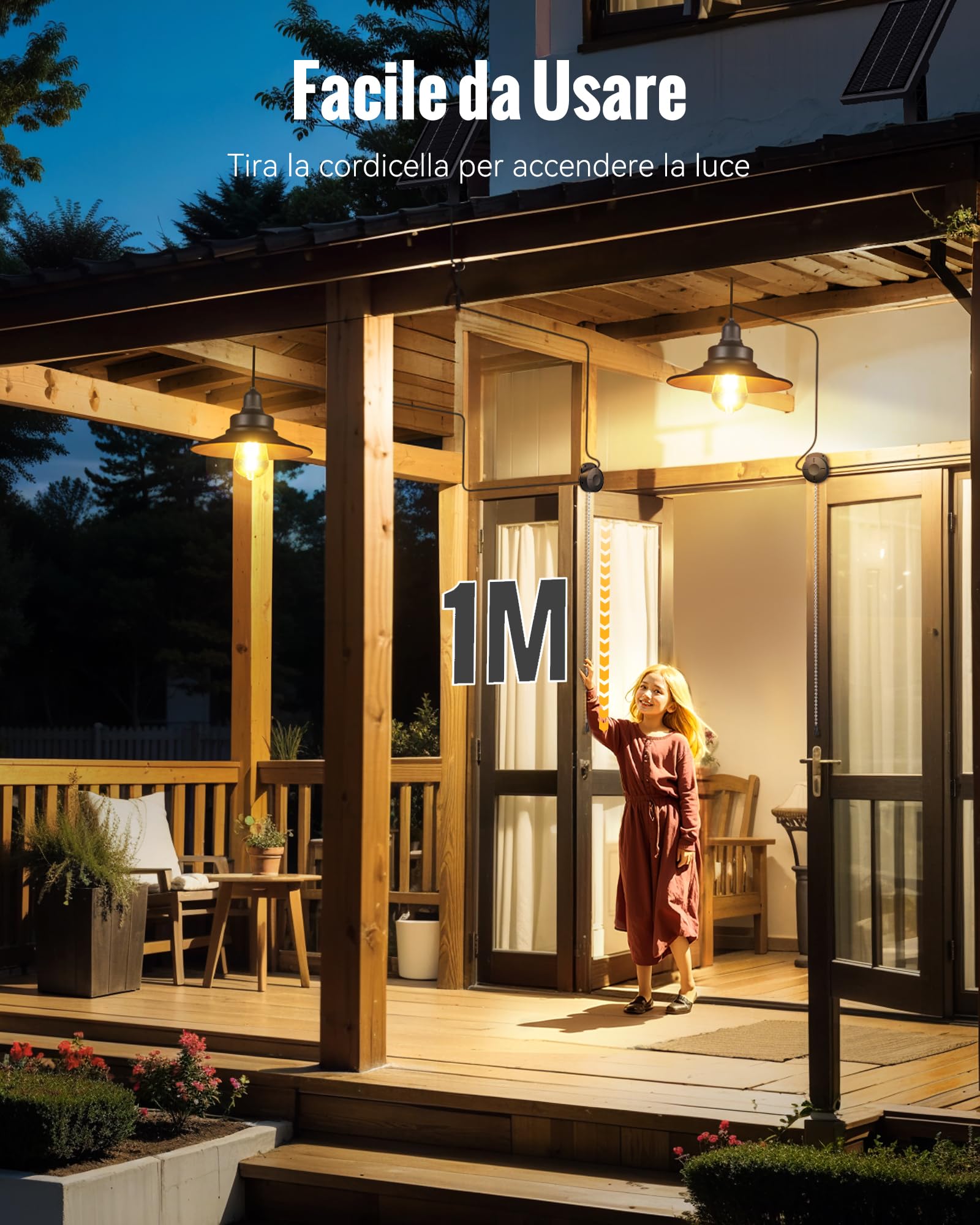 Lampada Solare Universale per Interni ed Esterni, Semplice Interruttore a Catenella, Lampadario Solare Impermeabile IP65, Adatta per Balcone, Gazebo, Garage - 2 Pezzi