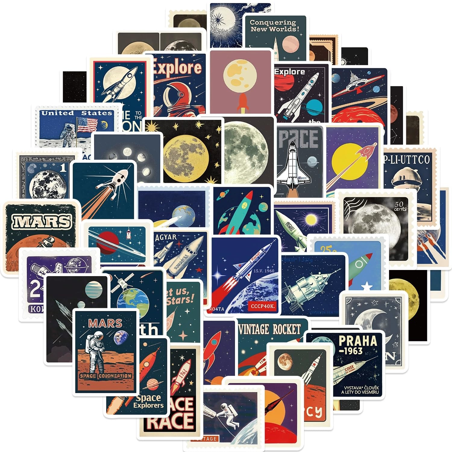 50 Stück Astronaut Space Explorer Aufkleber Pack NASA Sticker Set Wasserdichte Vinyl Sticker für Laptop Kinder Autos Motorrad Fahrrad Skateboard Gepäck Koffer Computer Aufkleber Graffiti Decal