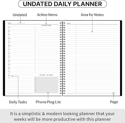 Miniatura 3 de Agenda diaria sin fecha, planificador diario de cuero por hora, 200 páginas, 10.8 x 8.8 pulgadas, diario con horarios por hora, bolsillo interior,