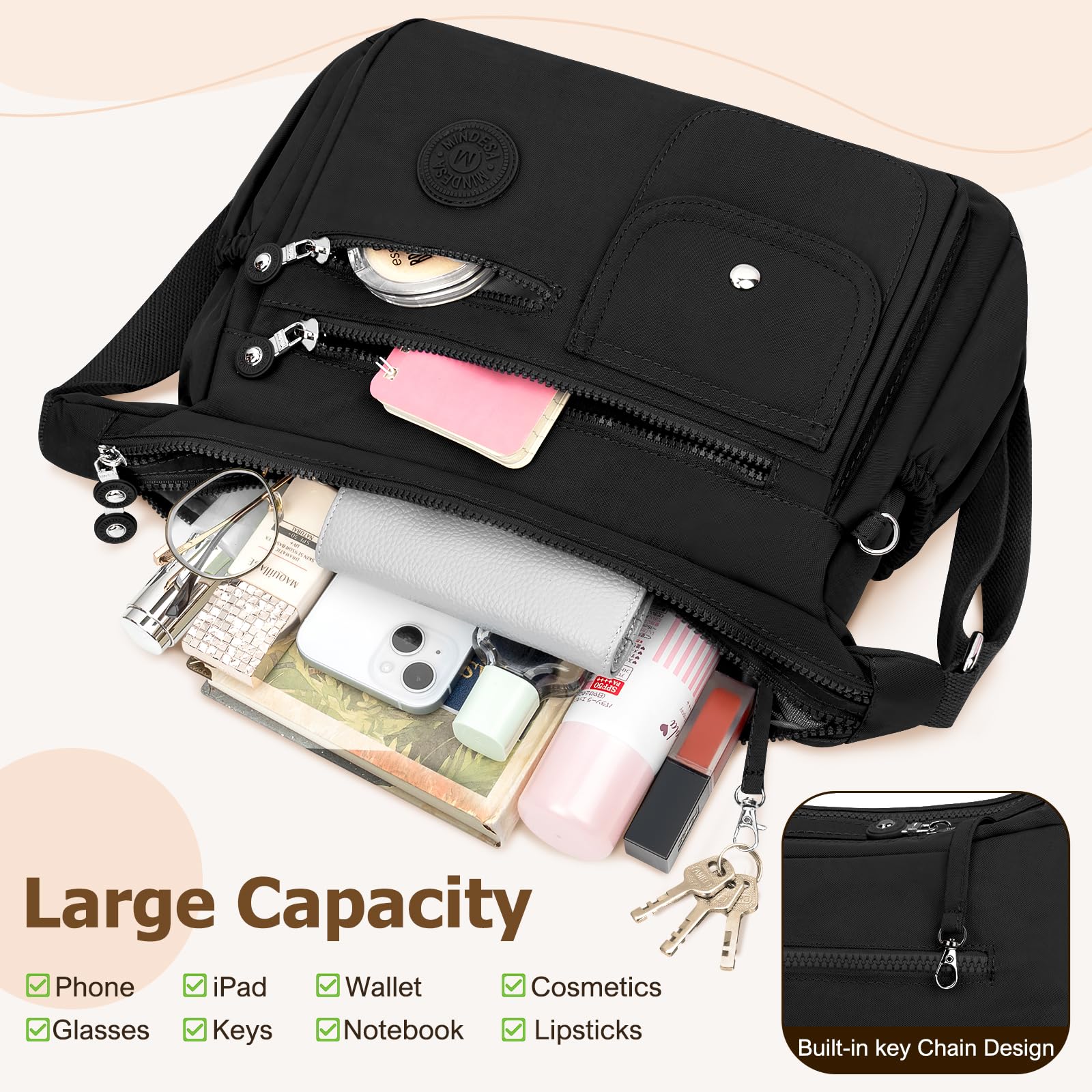 Bolso Bandolera Mujer Grande Nylon Bolso Cruzado Impermeable Bolsos Multibolsillos Crossbody Bag Mediano con Correa Ajustable Casual Bolsos de Mano para Escuela Viaje Trabaja
