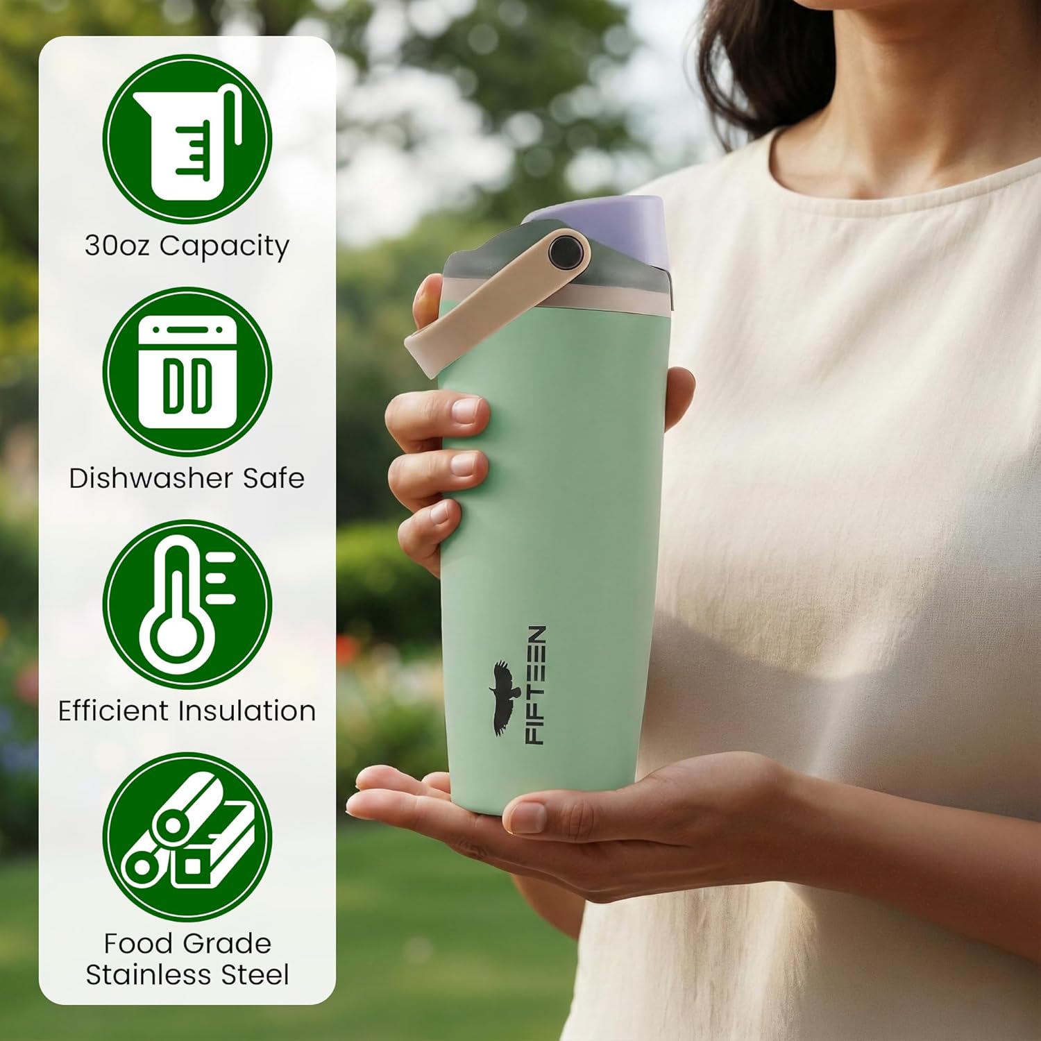 FIFTEEN 30oz Insulated Water Bottle with Built-In Straw & Two-Way Spout, Stainless Steel, Double Wall Vacuum Insulated, BPA Free, Leak Resistant, Carry Handle for Gym, Travel & School (Green) - Image 5