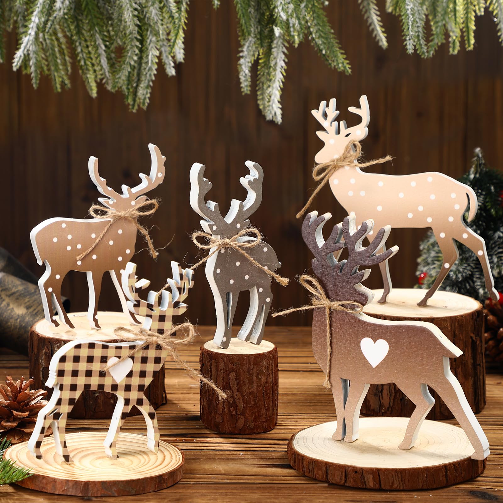Rennes en bois rustiques : ornements de table durables pour décoration hivernale