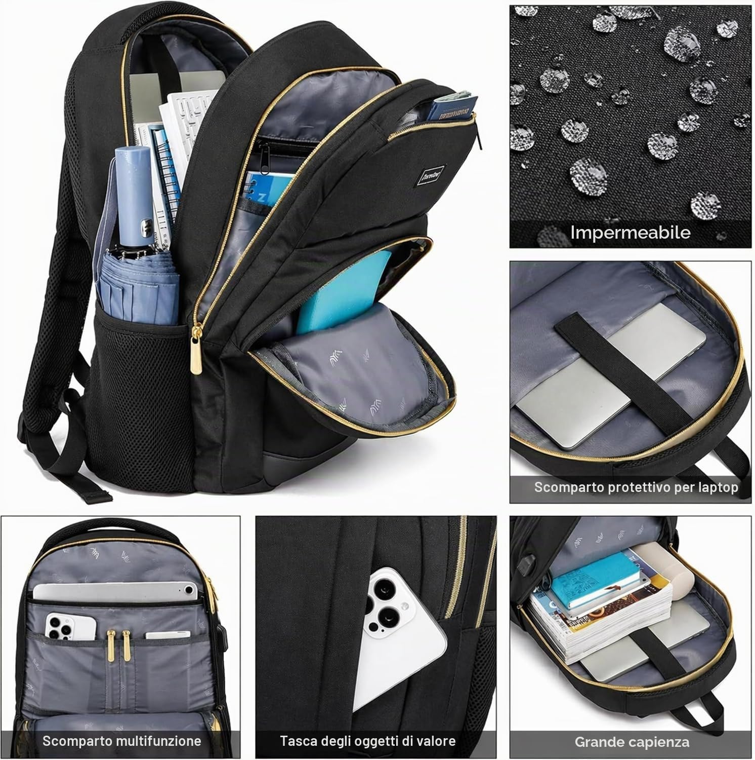 Zaino da scuola per laptop da 15,6", impermeabile, con porta di ricarica USB, oro nero, 15,6 zoll