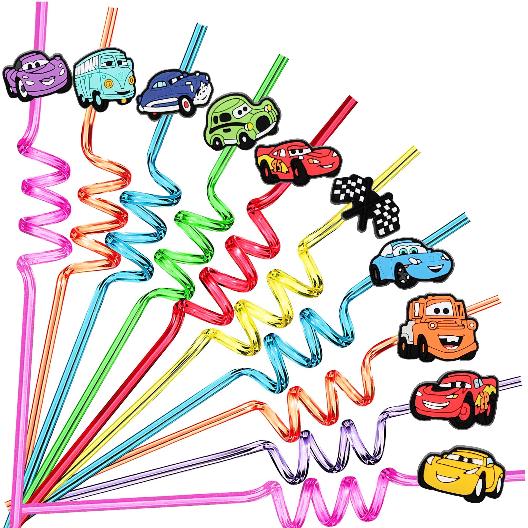 25Pcs Race Car Party Favors Reusable Drinking Straws, 10 Designs Racecar Birthday Party Supplies with 2 Cleaning Brush