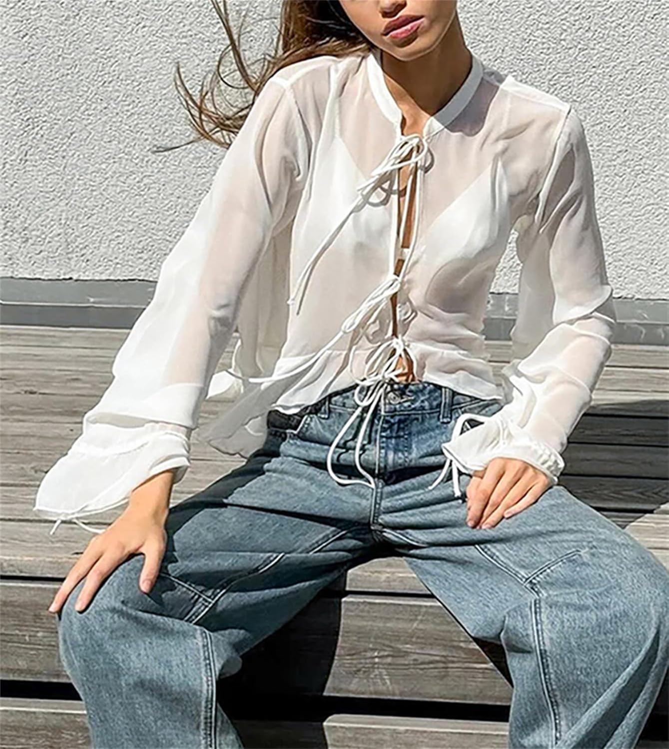 Womens Tie Front Shirts Sexy Summer Tops Dressy Casual Ruffle Long Sleeve See Through Tops Work Outfits - Image 4