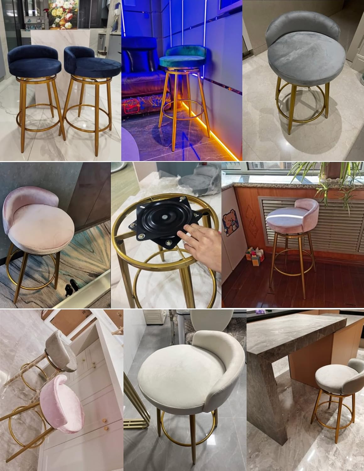 Counter Stools Set of 1 - Velvet Upholstery Barstools with Gold Metal Leg, Modern Kitchen Island Bar Chairs Dining Chairs with Low Back,25.6'' H,Black