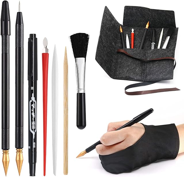 Scratch Art Tools, 9 Pcs Scratching Drawing Tools Set: Artist Glove, Tools Bag, Scratch Coloring Pens, Plastic and Wooden Stylus, Scraper, Repair Pen, Clean Brush for Adults & Kids Painting Paper