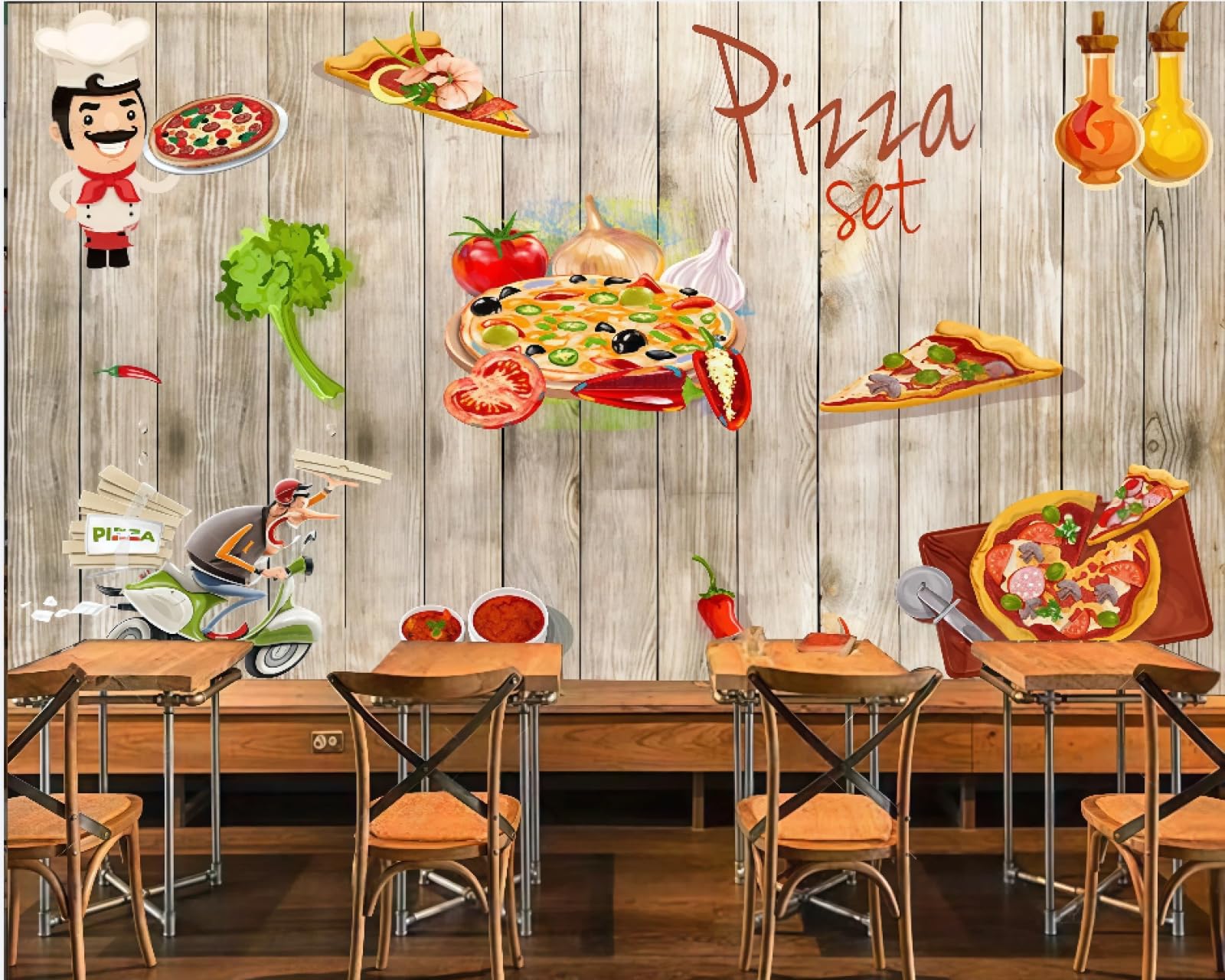 Xdoubao 3D Wallpaper Retro Wooden Board Hand-Painted Delicious Pizza Fast Food Theme Afternoon Tea Western Restaurant Background Wall Wallpaper Coffee Shop Mural,,300X210cm