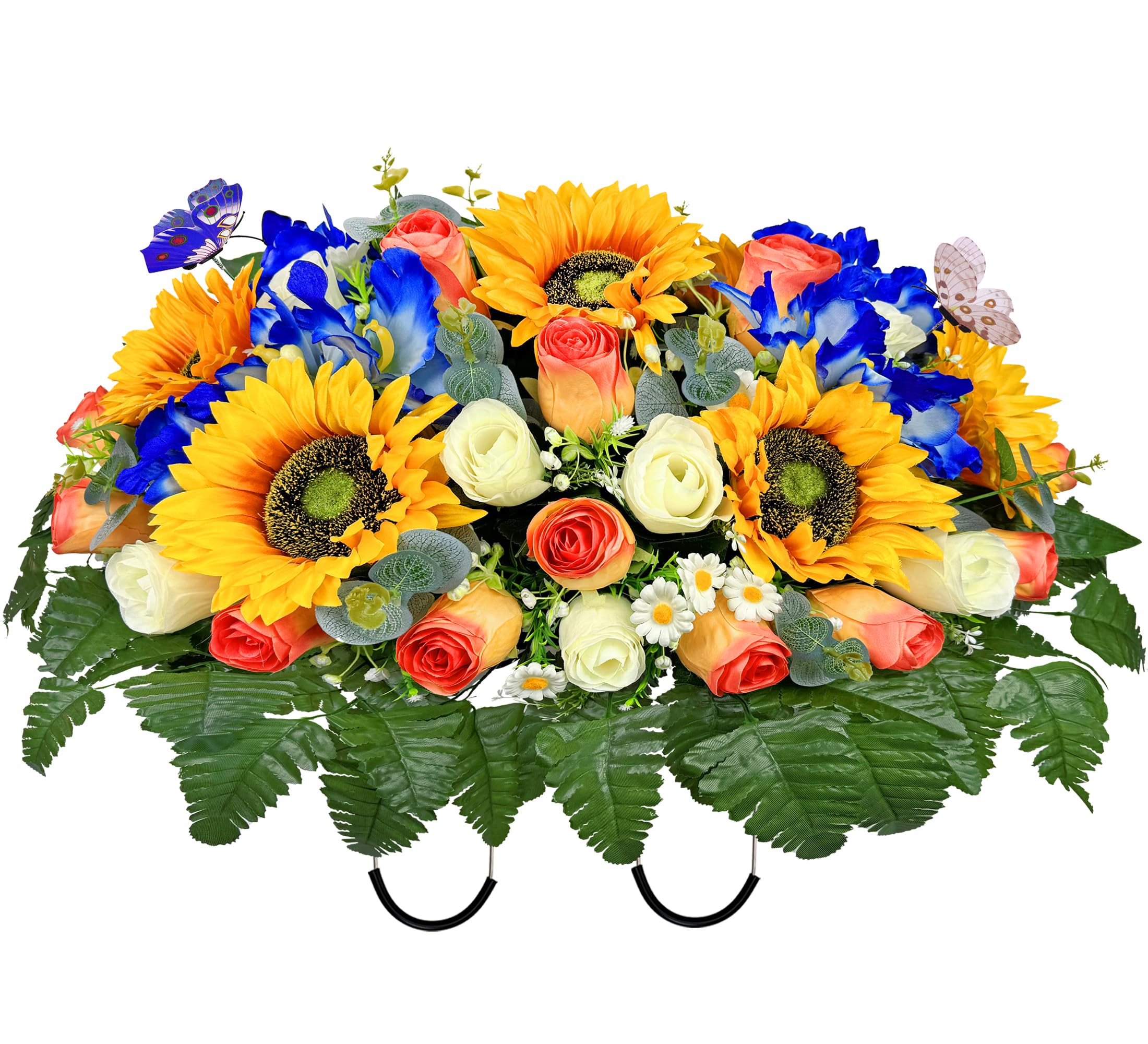 Naramiji Artificial Cemetery Flowers for Grave Decoration: Sympathy & Memorial Bouquets with Headstone Saddle – Sunflower, Rose, Cattleya – Fade-Resistant