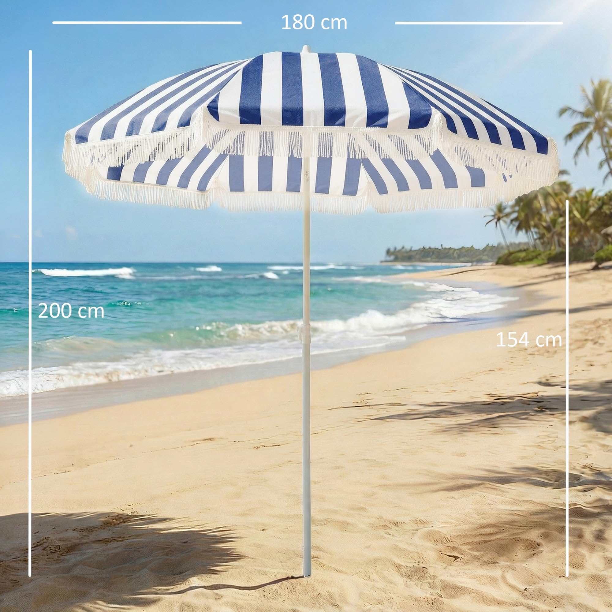 Outsunny Parasol de plage avec franges Ø 180 cm, parasol de terrasse extérieur avec hauteur réglable, inclinaison de 30°, ancrage sable et sac de transport