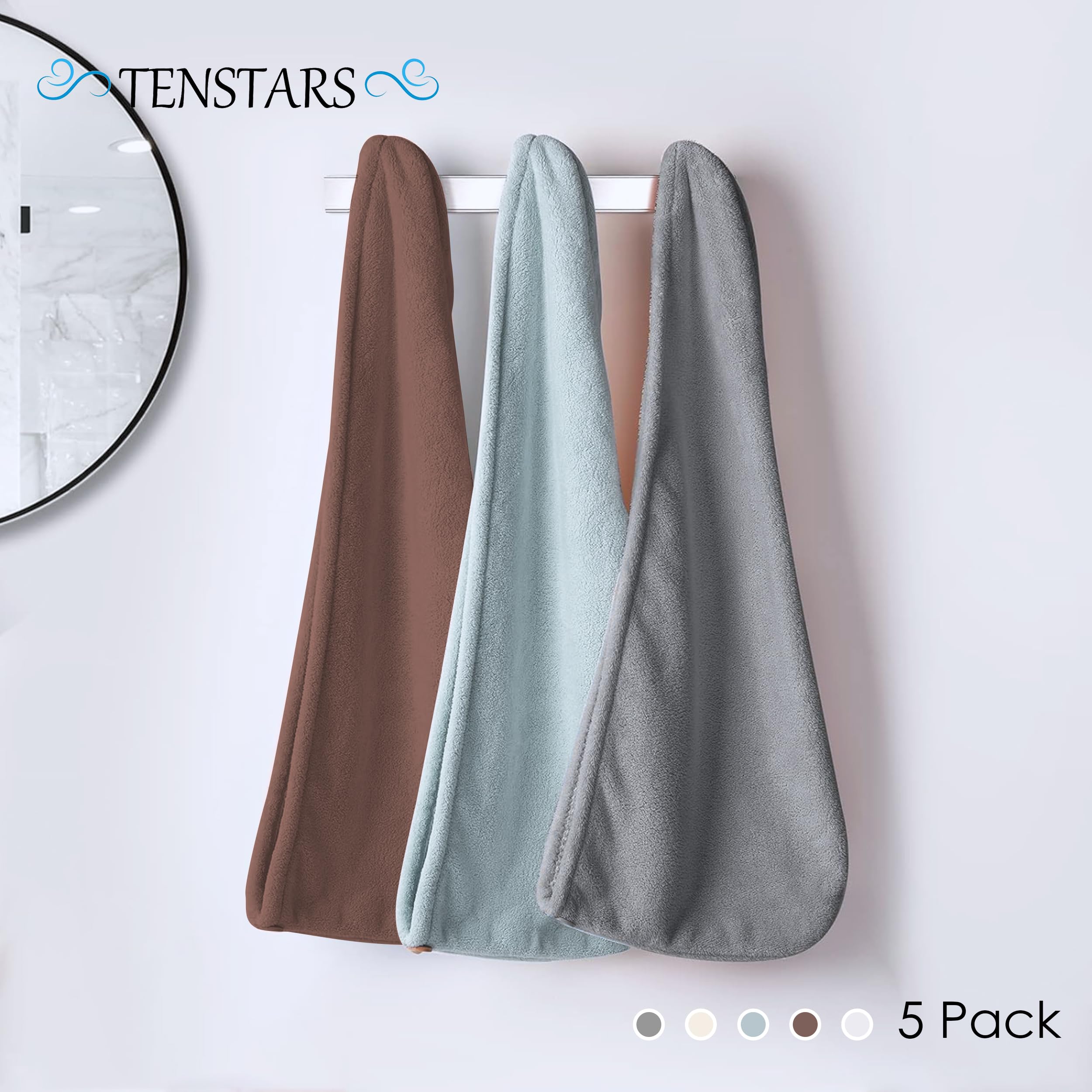 TENSTARS 5-pak, pogrubiony ręcznik do włosów z mikrofibry dla kobiet, elastyczny wzór pętelki, 320 g/m², koralowy aksamit, szybkoschnący turban do włosów, 28 x 71 cm (kremowy + biały + brązowy + jasny