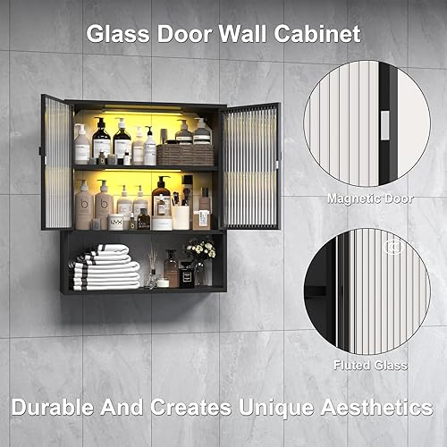 Miniatura 18 de Armario de pared de baño, botiquín de metal con puertas de vidrio estriado, armario montado en la pared sobre el inodoro, armario pequeño negro con