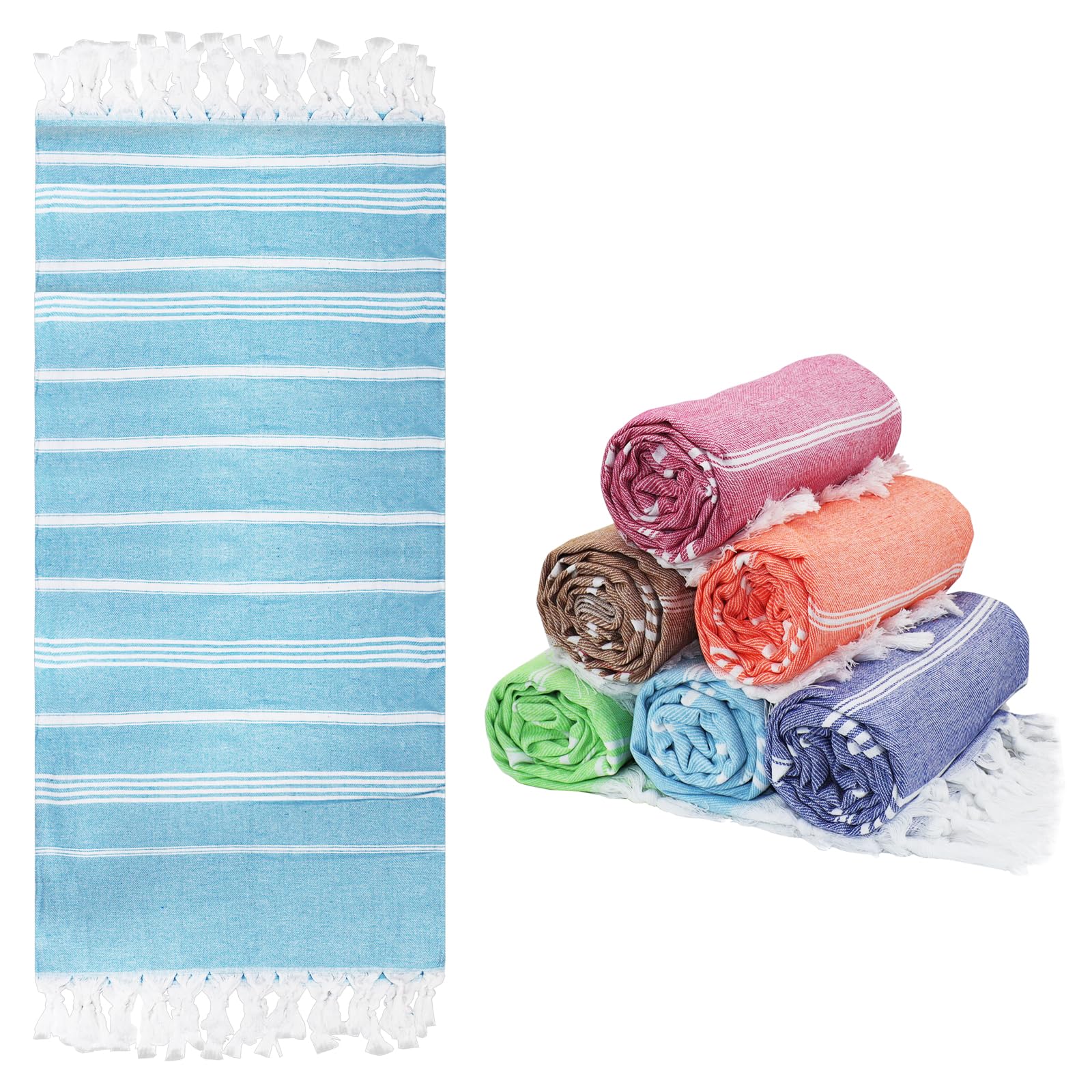 Lot de 6 Serviettes de Plage Fouta en Coton, 90 x 180 cm, avec Franges | Draps de Bain Légers à Séchage Rapide pour Vacances, Piscine, Camping, Spa, Hammam et Salle de Bain