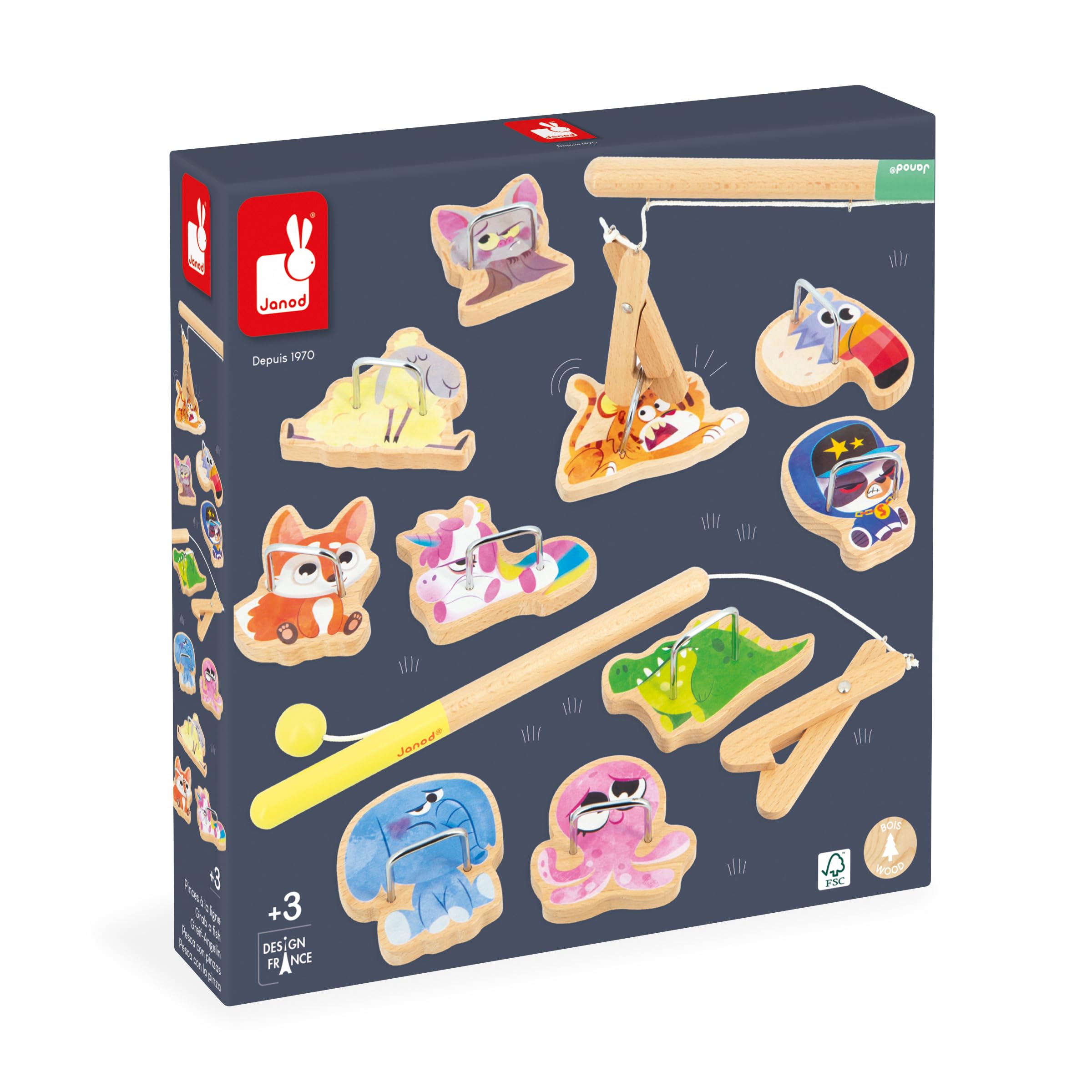 Janod - Angelspiel Applepop - Geschicklichkeitsspiel für Kinder - 2 Greifer + 10 Tiere + 1 Beutel - Fördert Handgeschicklichkeit und Konzentration - Spielzeug aus FSC-Holz - Ab 3 Jahre, J03352