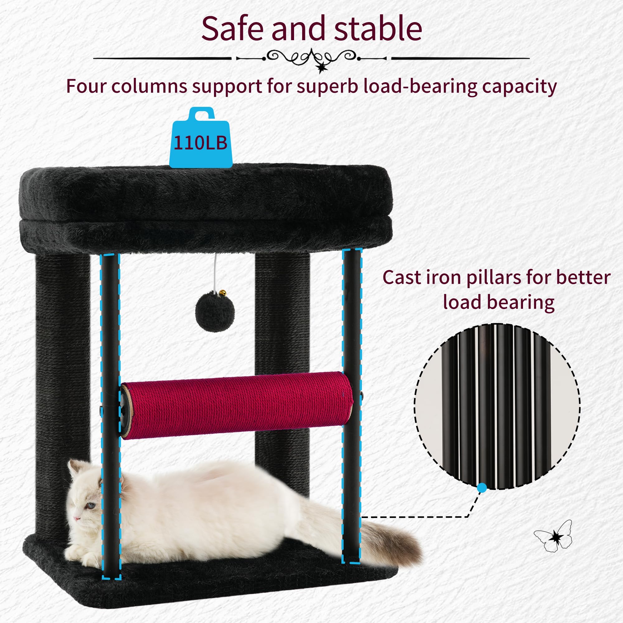 Hey-Brother Árbol para Gatos, Torre Resistente con columnas envueltas en sisal, MPJ010SBR | Postes rascadores para gatos de 18.9 pulgadas con cama, bola de juguete de peluche para gatitos de interior, negro y rojo
