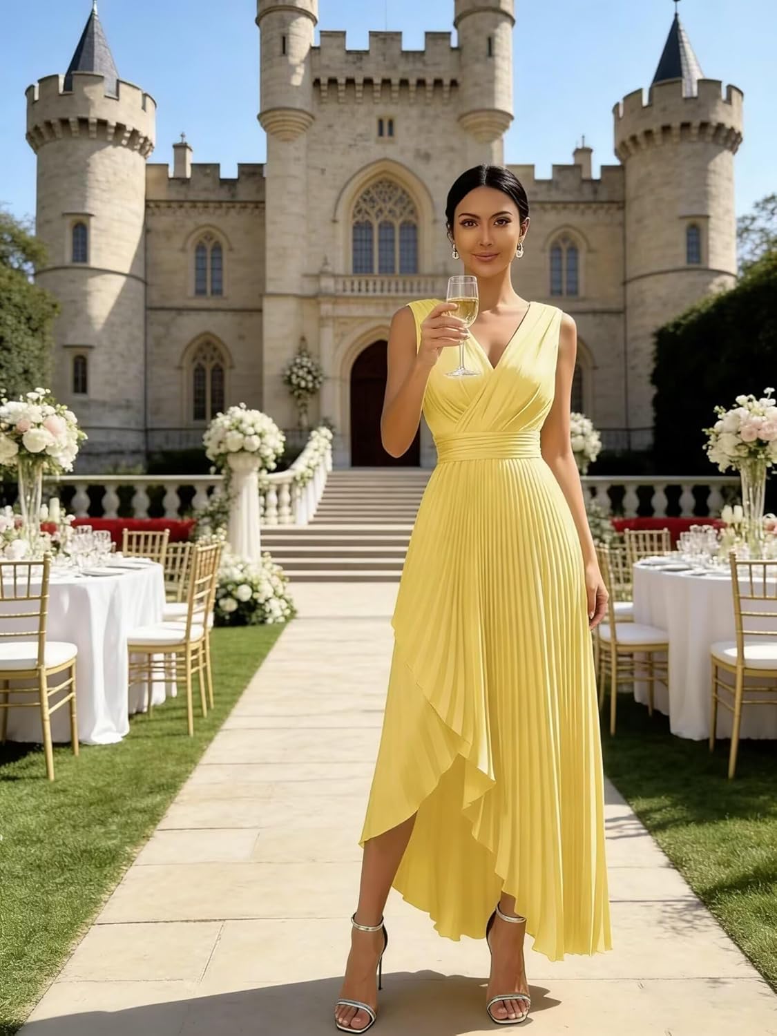 High Low Bridesmaid Dresses Long V Neck Pleated Satin Formal Wedding Guest Dress with Slit - Image 5