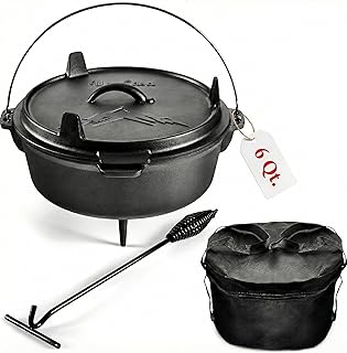 Uno Casa 6Qt Cast Iron Camping Dutch Oven with Lid Lifter and Storage Ba...