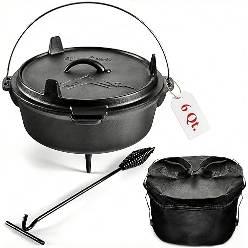 Uno Casa 6Qt Cast Iron Camping Dutch Oven with Lid Lifter and Storage Bag - Pre-Seasoned Outdoor Dutch Oven for Campfire Cooking, Stews, and Baking - Durable Cast Iron Pot for Camping and Hiking