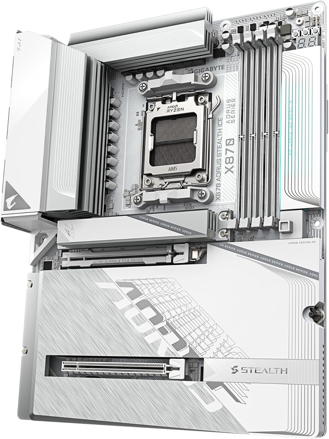 GIGABYTE X870 AORUS STEALTH ICE Motherboard - Supports AMD Ryzen 9000 CPUs, 16+2+2 Phases Digital VRM, up to 8200Hz DDR5 (OC), 2xPCIe 5.0 + 2xPCIe 4.0, Wi-Fi 7, 5GbE LAN, USB 4
