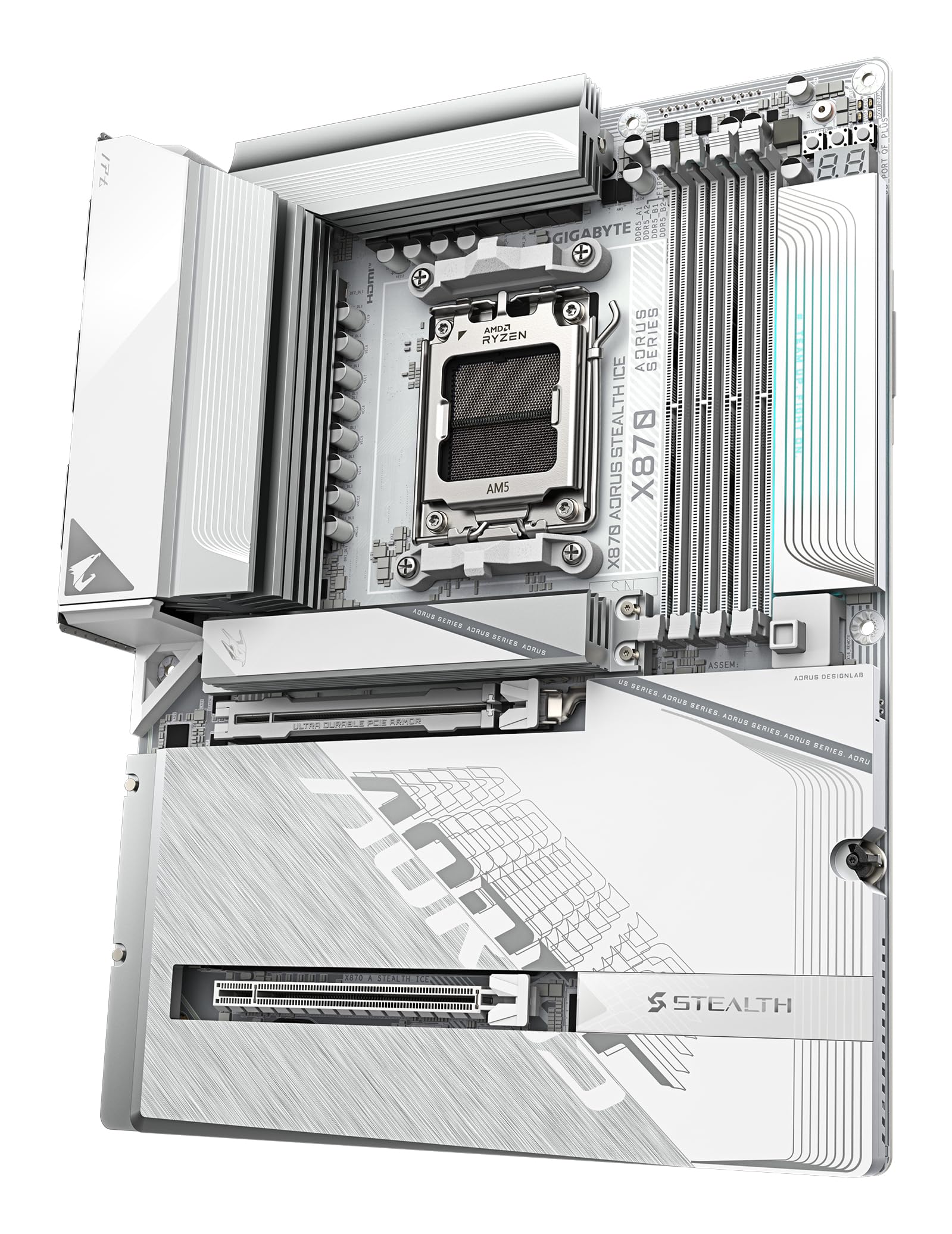 GIGABYTE X870 AORUS Stealth Ice Mainboard – Unterstützt AMD Ryzen 9000 CPUs, digitales 16+2+2 Phasen VRM, bis zu 8200 MHz DDR5 (OC), 2 x PCIe 5.0 + 2 x PCIe 4.0, Wi-Fi 7, 5 GbE LAN, USB 4