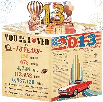 Vintage 13th Birthday Card for Her Him, 3D Pop Up & Large Funny 13 Year Old Birthday Gift Party Decorations for Men Women - Back to 2013 Birthday Gift for Husband, Mom, Dad 8"x10"