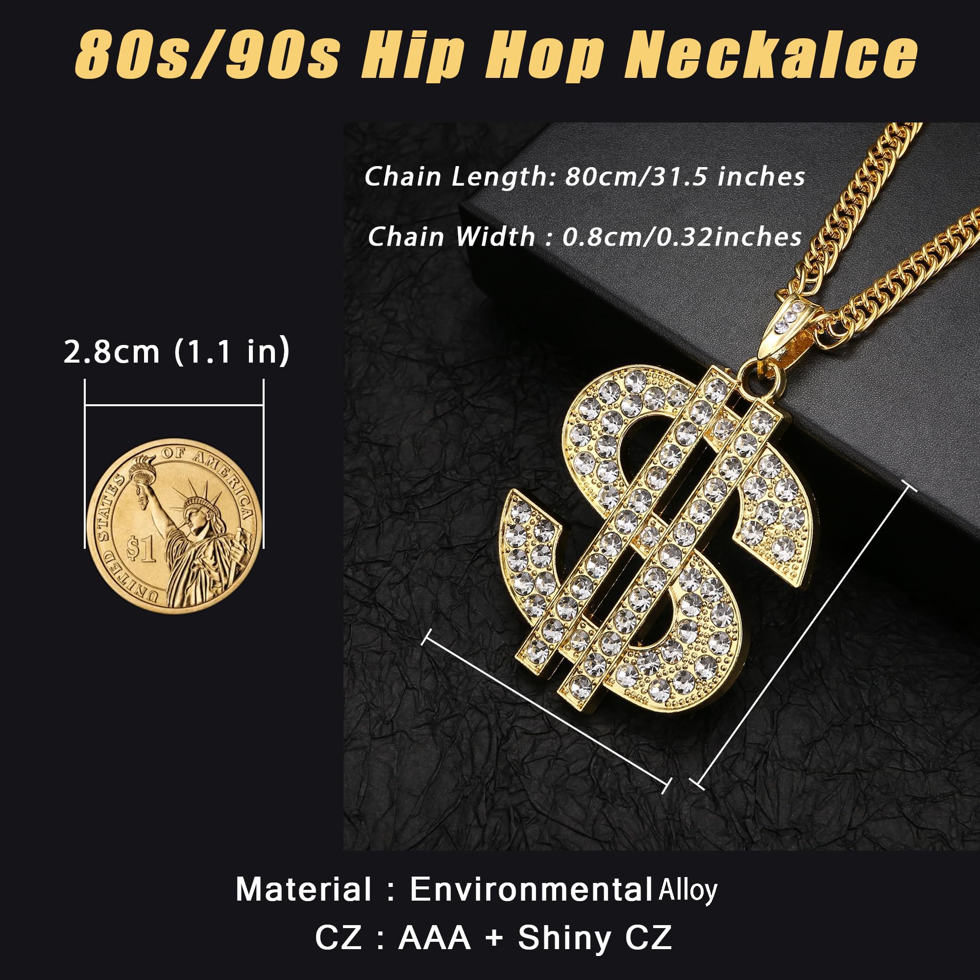 Diamday 80s 90s Kit de Costume Hip Hop Fausse Chaîne d'argent en Or Lunettes de Soleil Rapper Punk Boucles d'oreilles en Or Bracelets Chian Deguisement Annee 80 Homme