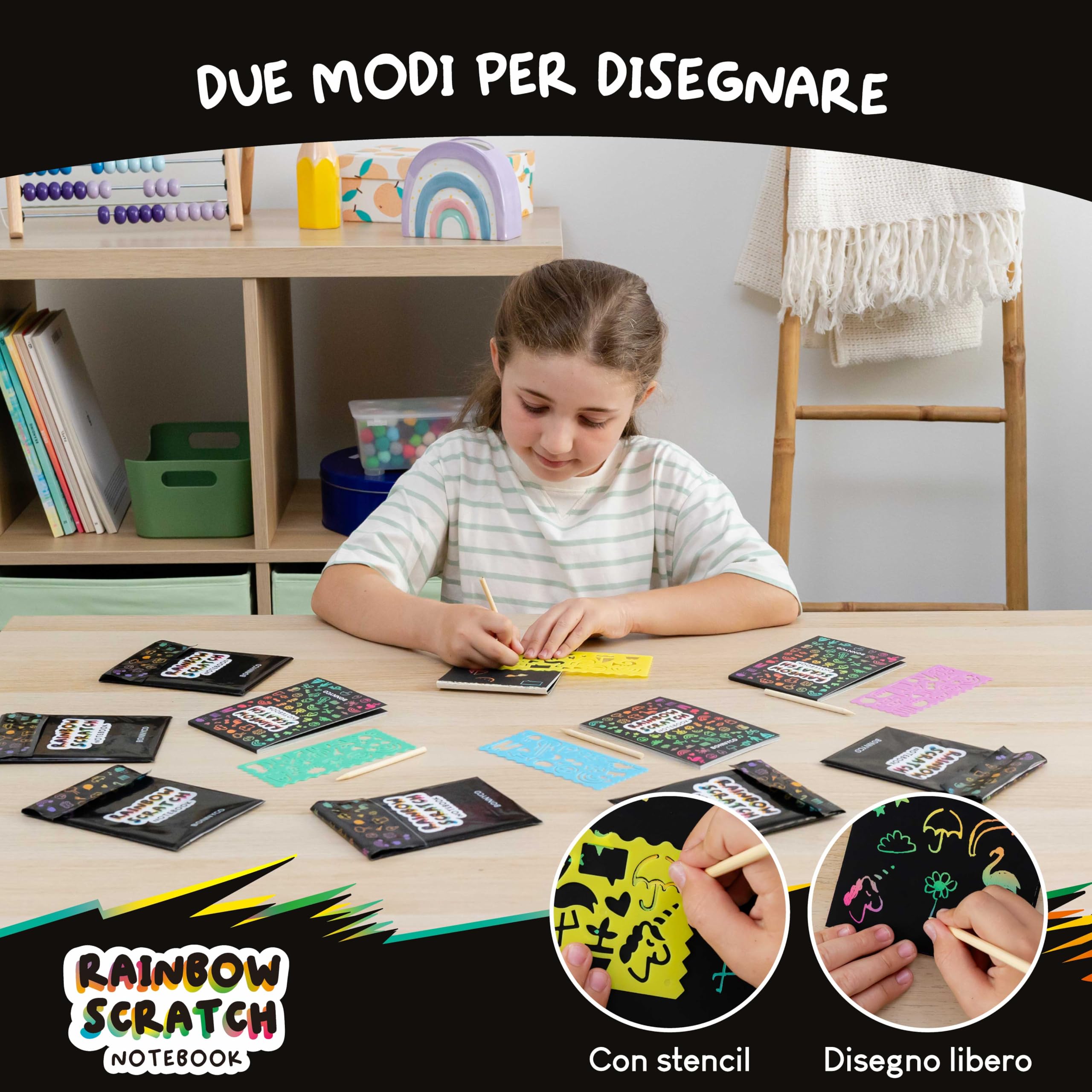 BONNYCO Scratch Art Bambini, 16 Set con Quaderno da Grattare, Stencil e Penna in Legno. Gadget Compleanno Bambini, Regalini Fine Festa. Premi e Pensierini per Alunni 3-12 Anni