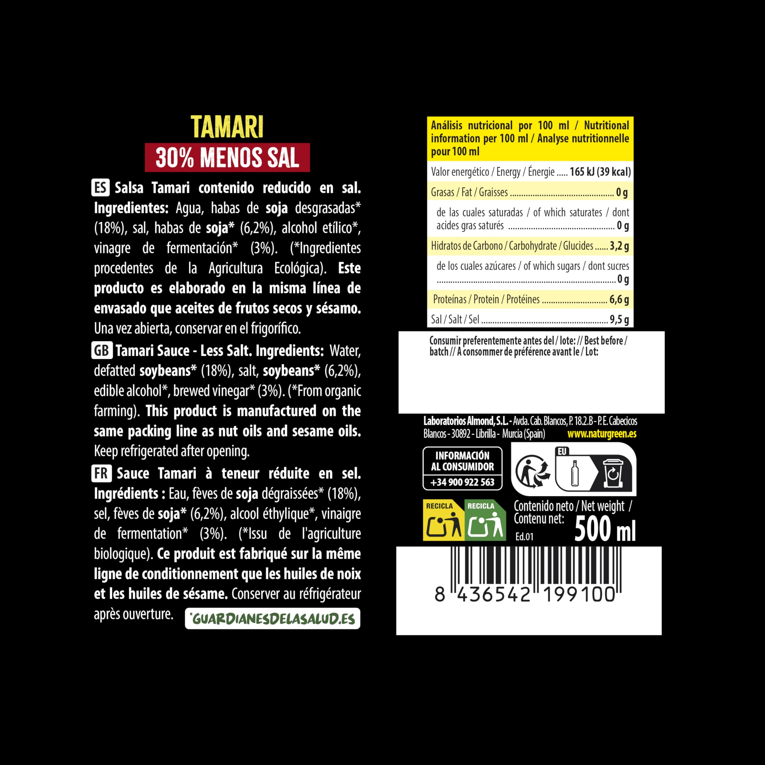 NaturGreen - Salsa De Soja Tamari Bio, Pack 6 x 500 ml, Contenido Reducido en Sal, Sabor Suave y Exotico, Ecológica, Vegano, Sin Lácteos, Ideal Para Cocina Asiática