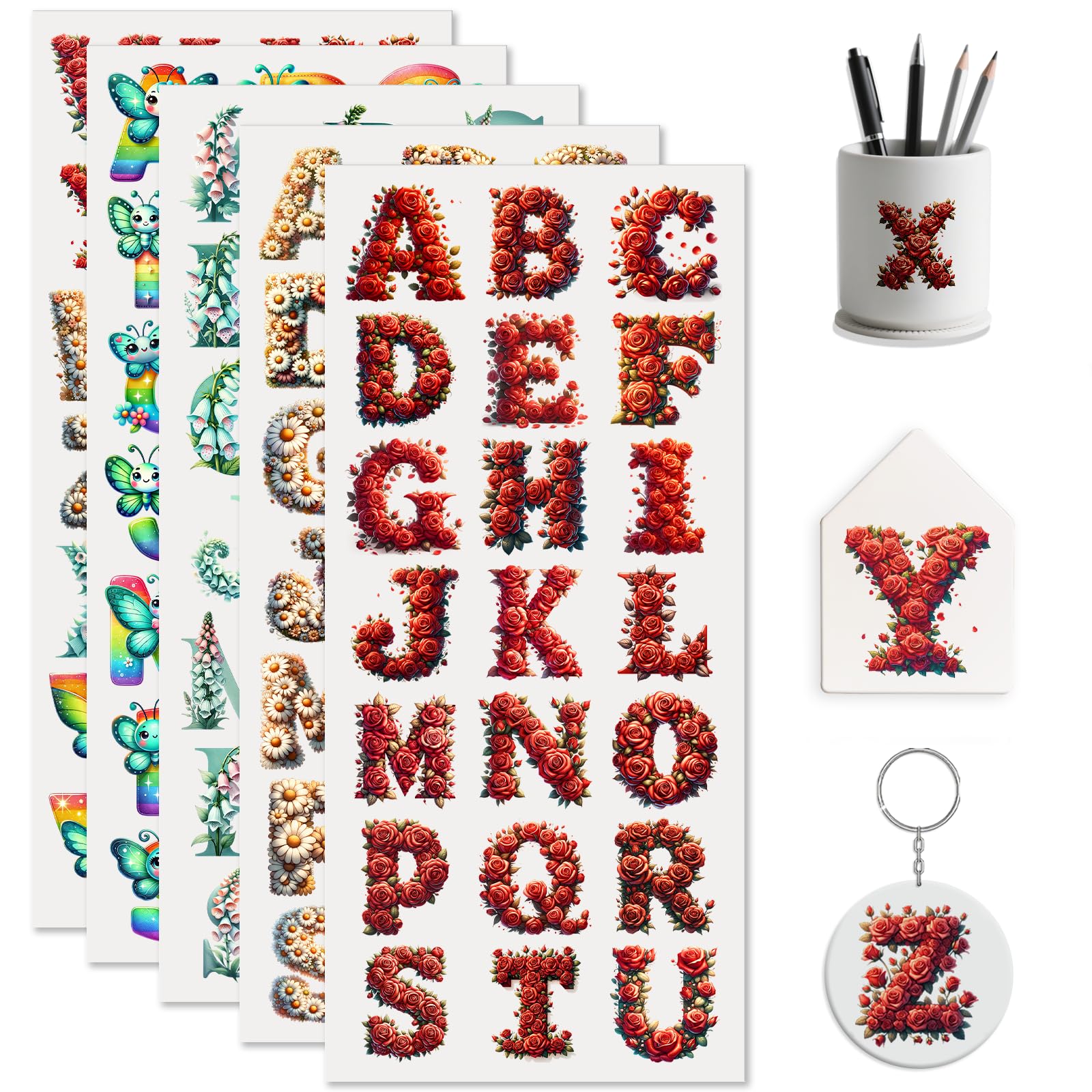 Décalcomanies lettres florales UV DTF pour un ordinateur portable et des mini tasses uniques