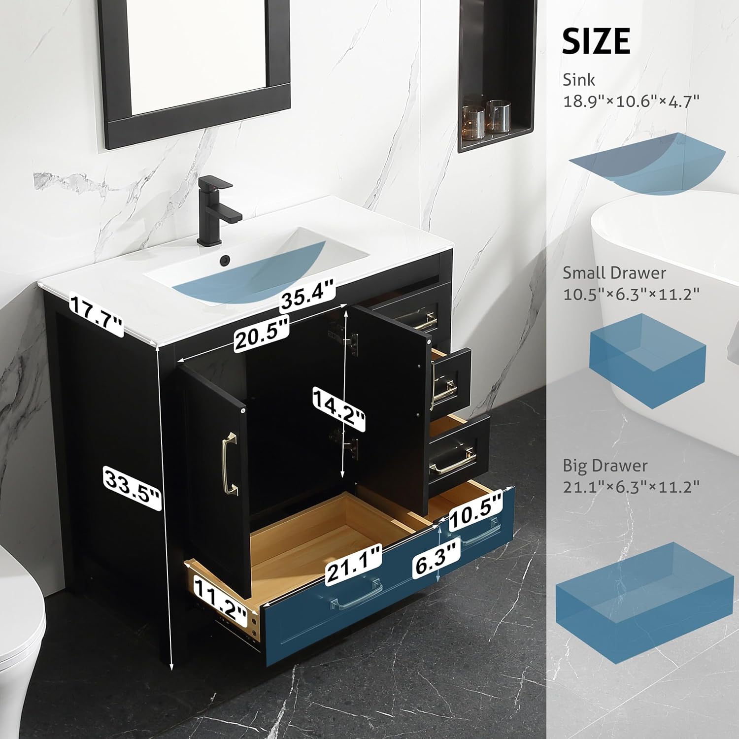 Diagram showing detailed dimensions of the 36-inch vanity, including sink, cabinet, and drawer measurements.