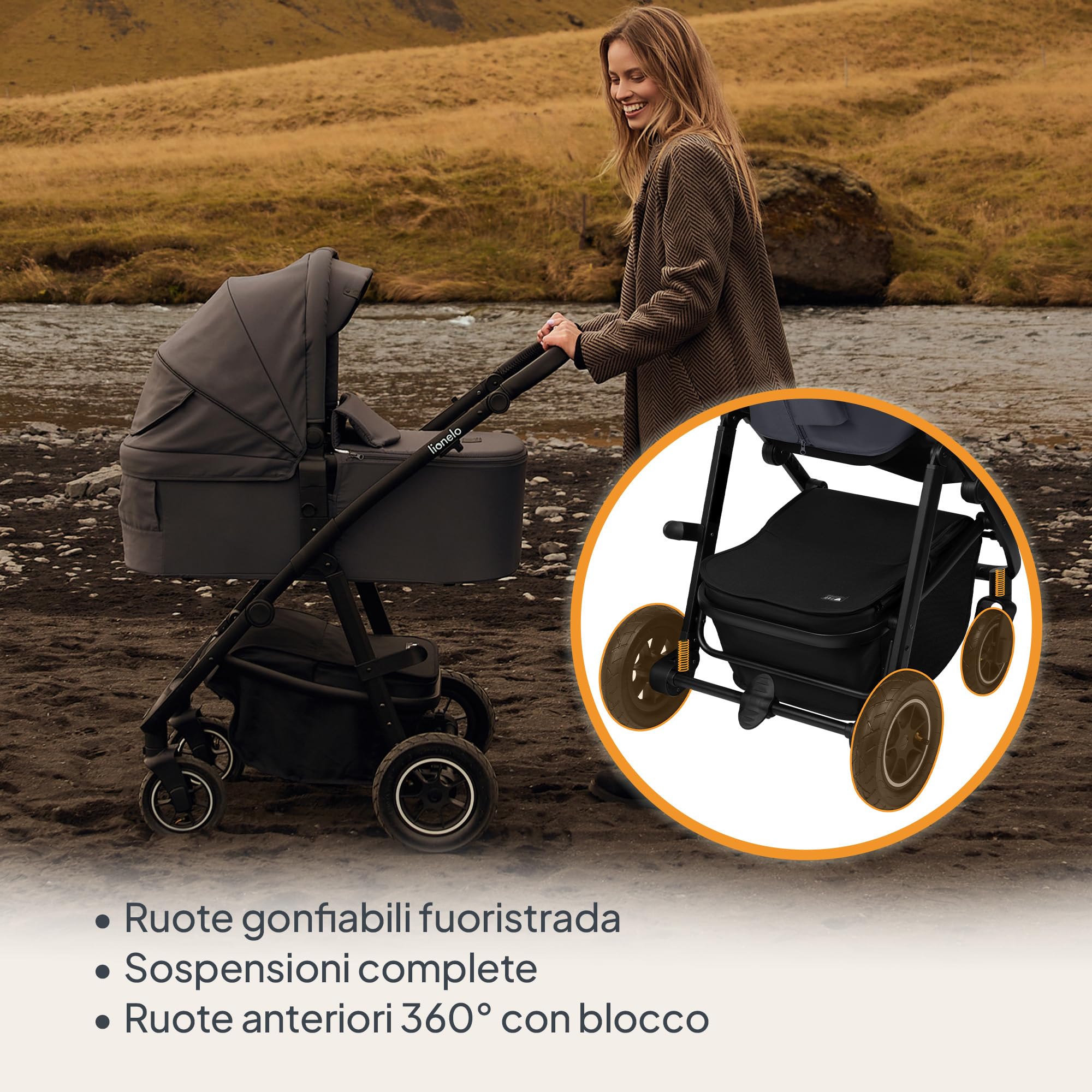 LIONELO Amber Plus Passeggino Trio 3 in 1 da 0 a 4 Anni fino a 22 kg | Navicella XL, Seggiolino Auto fino a 13 kg, Schienale Regolabile, Grandi Ruote All-Terrain 360°, Cappottina XXL