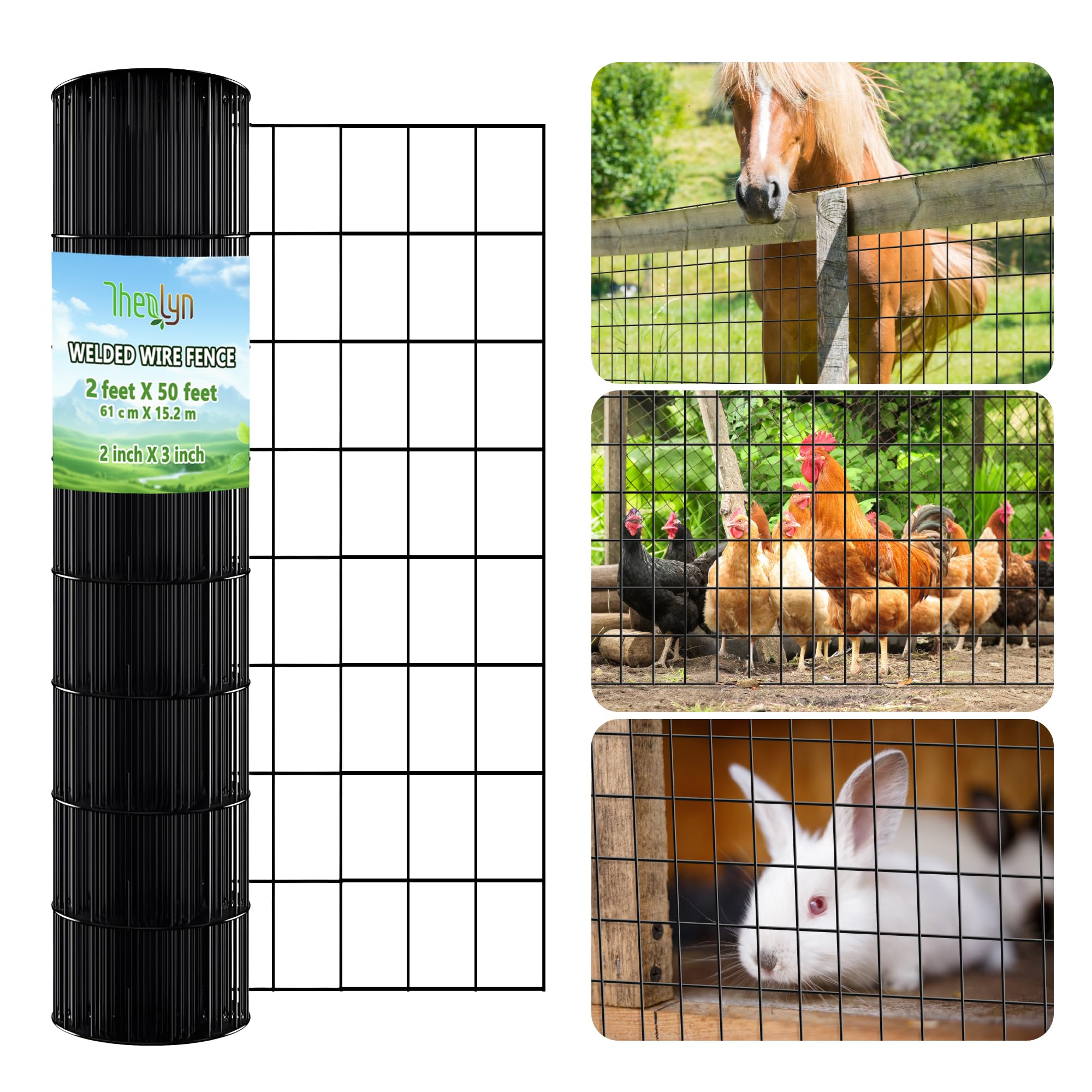 Thealyn Gartenzaungitter, 60 cm x 15,2 m für 3 ft Zaunpfosten, 5cm * 7,5cm Löcher, feuerverzinkte Maschendrahtumzäunung, 2mm PVC-beschichteter geschweißter Drahtzaun Käfig Geflügelnetz Garten
