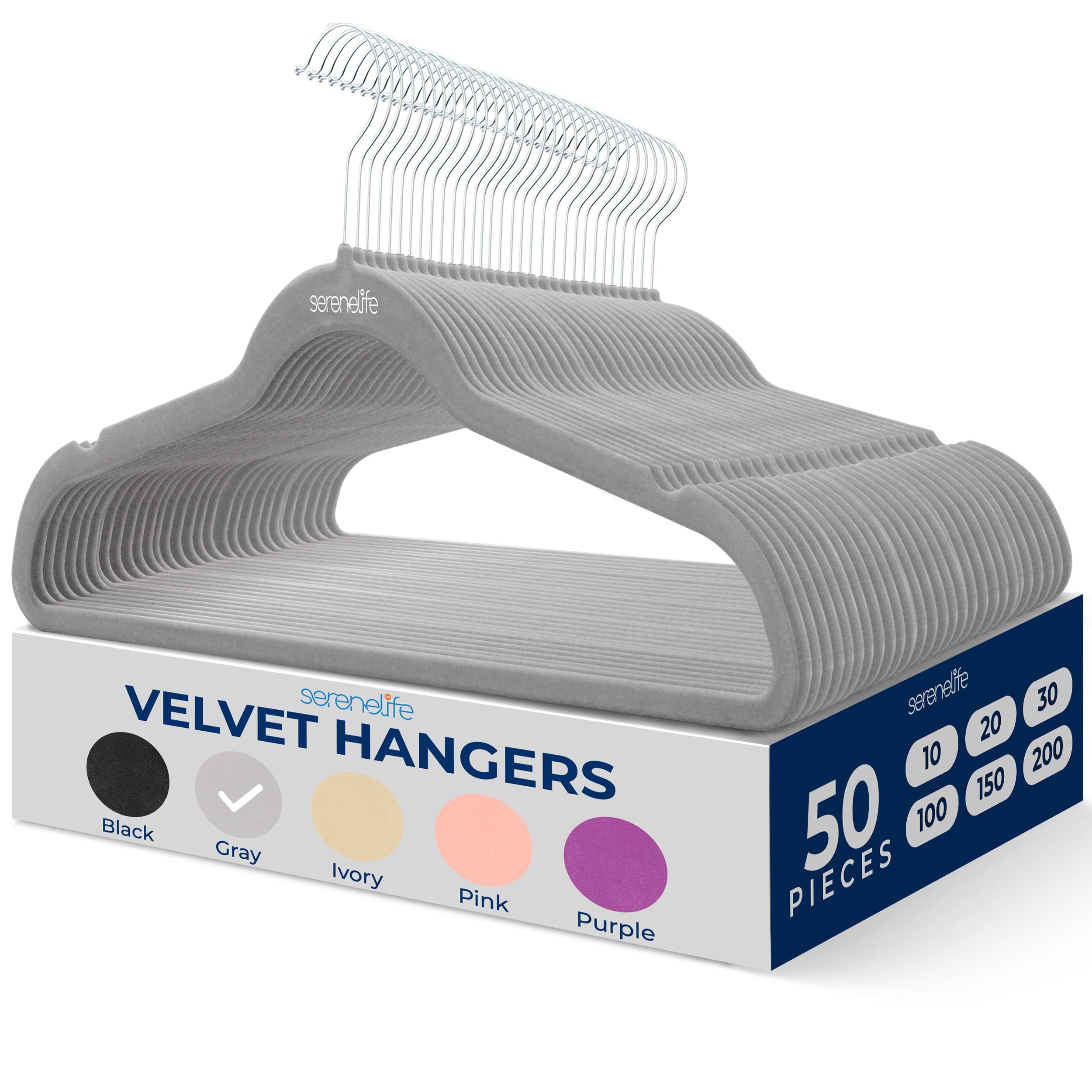 serenelife 50 pack velvet hangers - non-slip, 360° swivel hook - ultra-thin, lightweight velvet hangers for shirts, sweaters, hoodies, kids clothes & dresses - space-saving