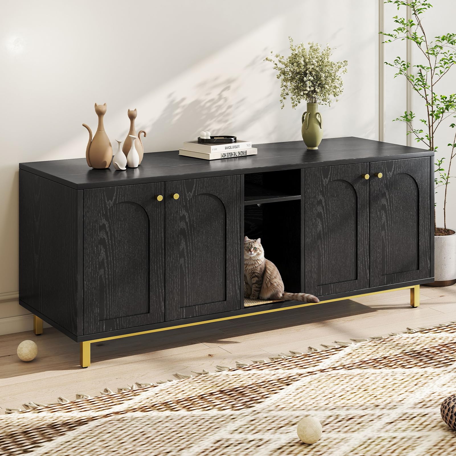 Wennzy Double Cat Litter Box Enclosure with Cat Scratch Pad, Black Hidden Litter Box, Enclosed Cat Cabinet Litter Box Furniture, Wooden TV Stand Side Table, Magnetic Door, 55.12x23.62x19.69 in